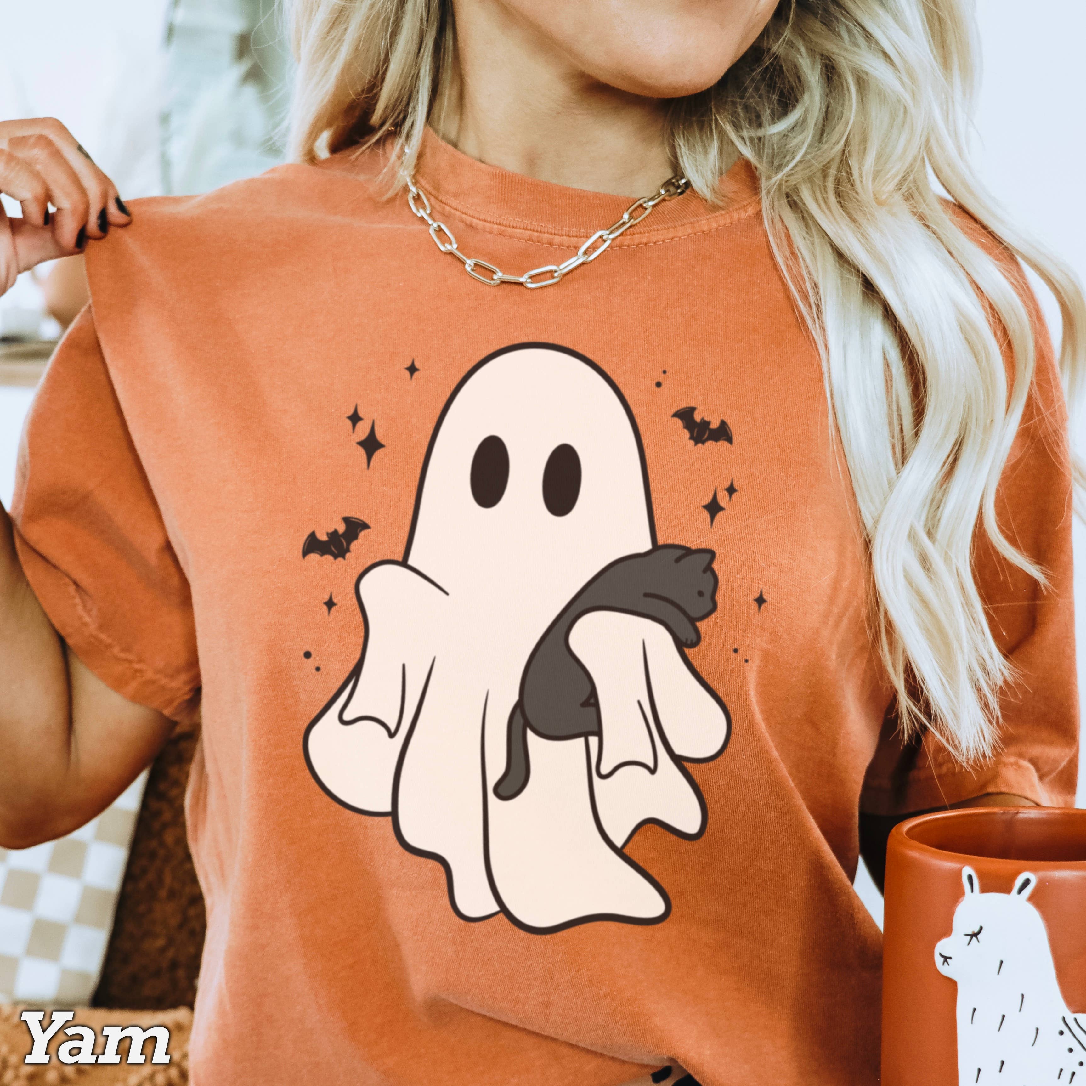 Halloween 2025 Ghost Cat Graphic Shirt | Comfort Color Hoodie, Sweatshirt | PodTeesHub.com