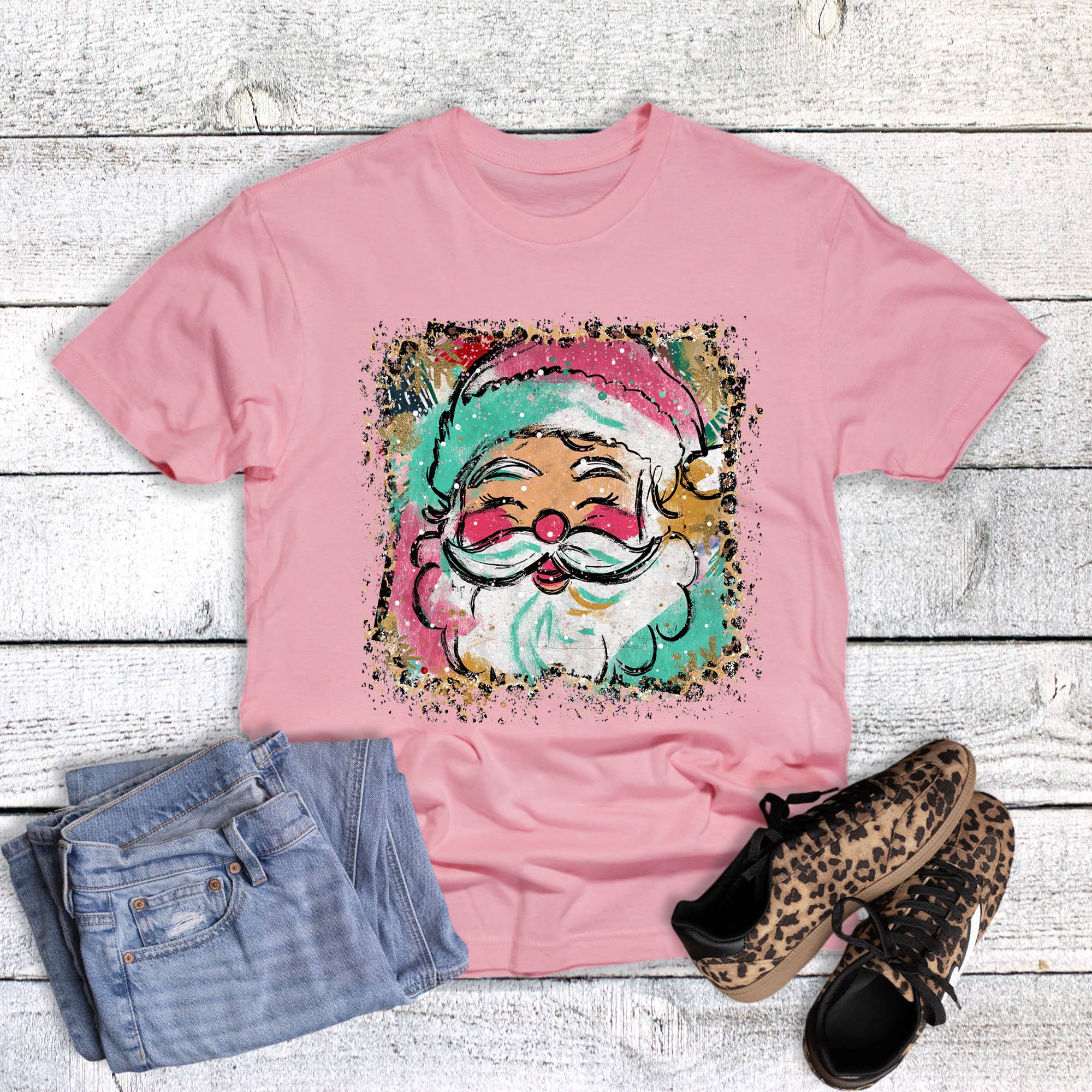 Christmas Leopard Watercolor Santa Graphic Tee Hoodie, Sweatshirt | PodTeesHub.com