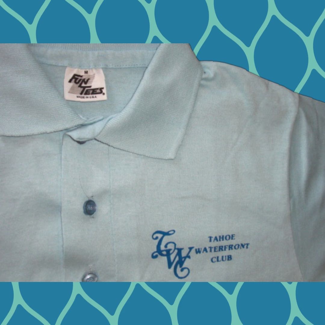 Vintage Fun Tees The Waterfront Club Polo Shirt Mens M Blue 80s Cotton Polyester Polo Shirt Hoodie, Sweatshirt