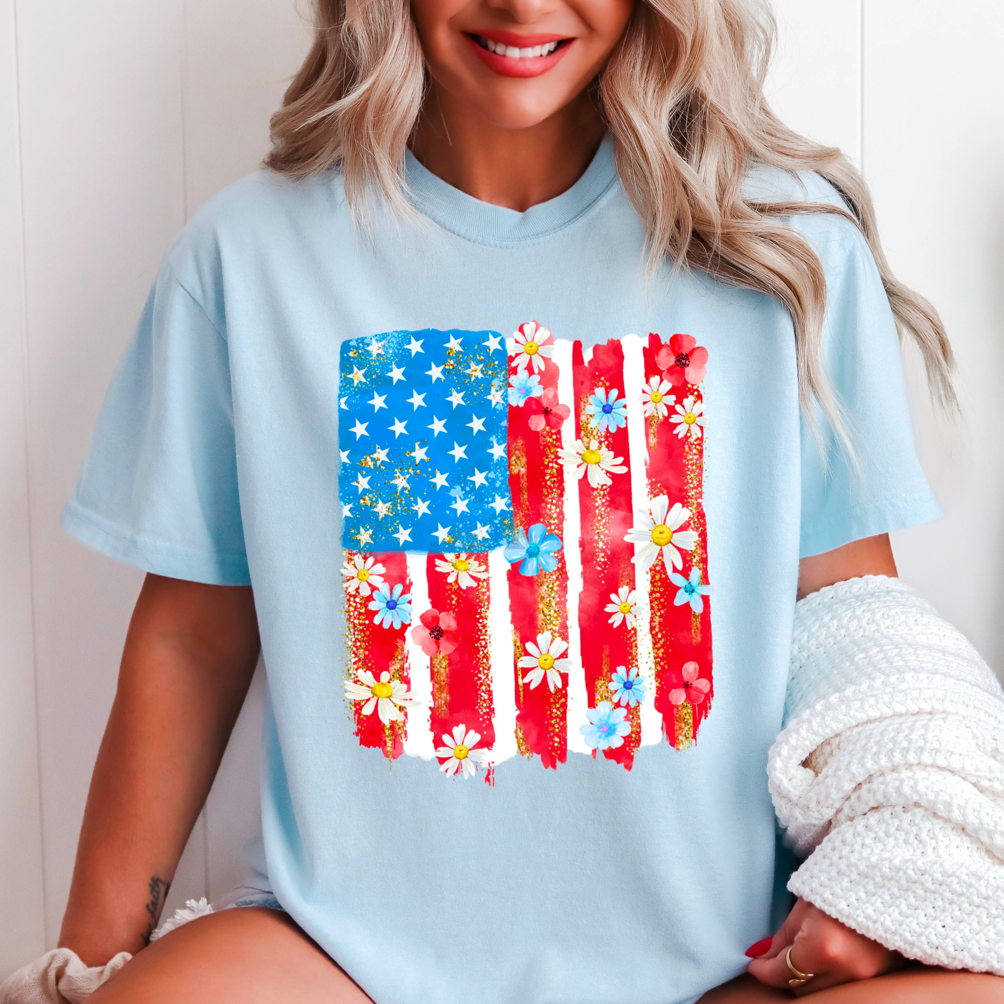 Floral Flag  USA July 4th Graphic Shirt | Comfort Color Hoodie, Sweatshirt | PodTeesHub.com