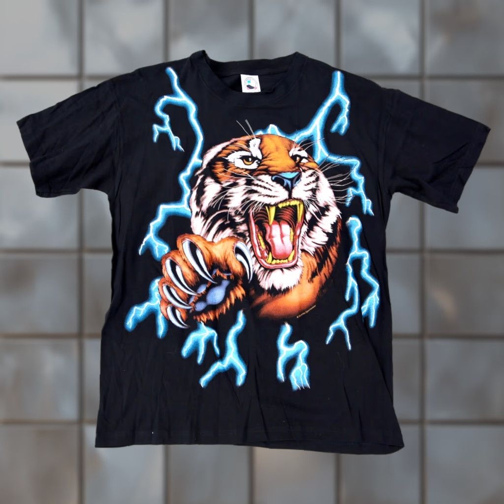 Vintage American Thunder Tiger Lightning Animal T Shirt Mens Large Black Crew Neck Short Sle Hoodie, Sweatshirt