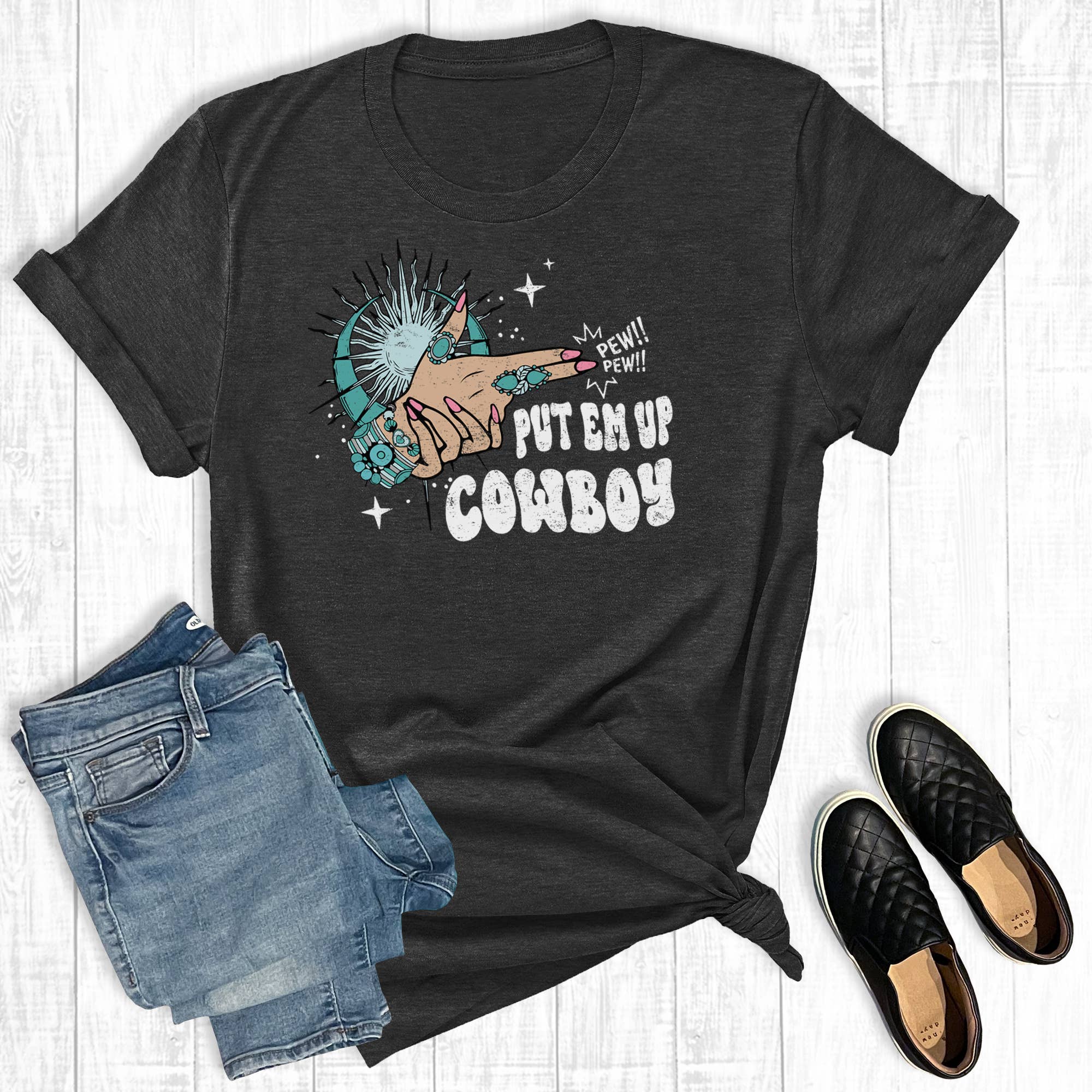Western Turquoise Put 'em Up Cowboy Graphic Tee Hoodie, Sweatshirt | PodTeesHub.com