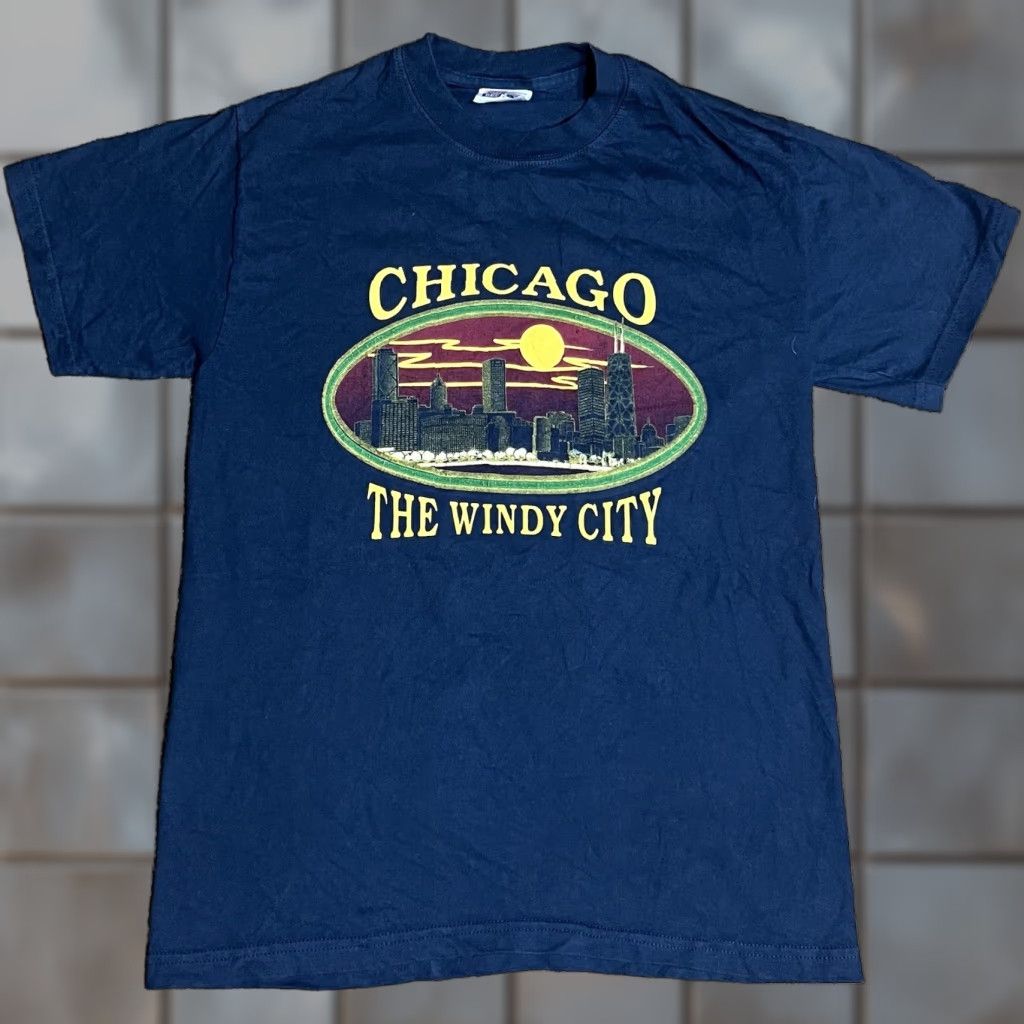 Vintage Hanes T Shirt Chicago 90s The Windy City Blue Men S Short Sleeve Crew Neck Cotton Blue Hoodie, Sweatshirt