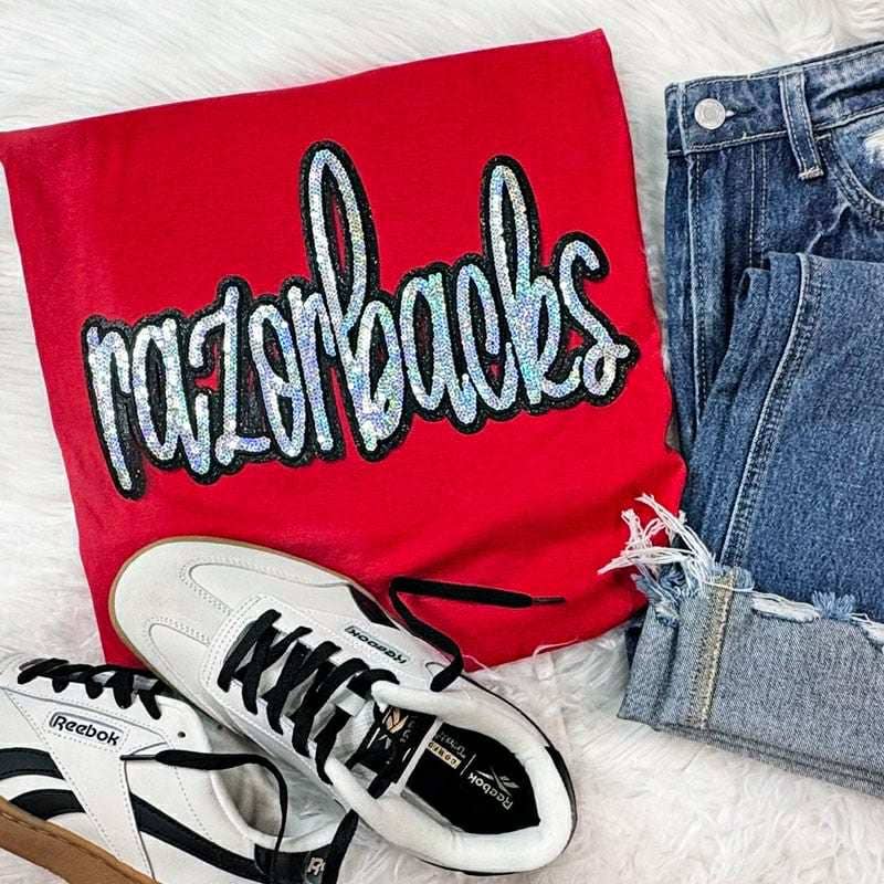 Razorbacks Sequin Patch Red Tee Hoodie, Sweatshirt | PodTeesHub.com
