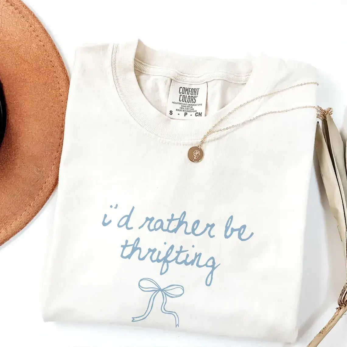 New Rather Be Thrifting Bow Comfort Colors Graphic Tee Hoodie, Sweatshirt | PodTeesHub.com