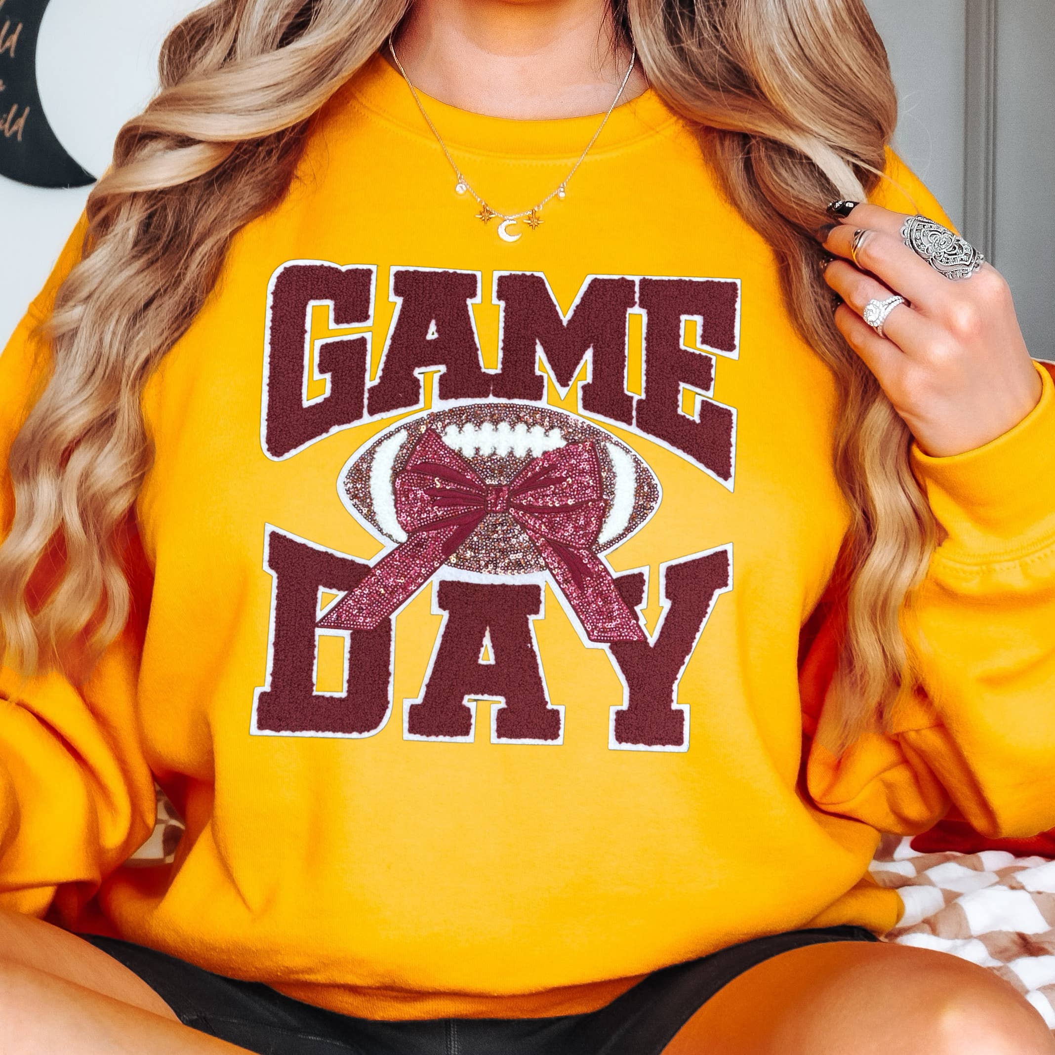 Maroon Chenille Football Game Day with Sequin Bow Patch Gold Crewneck Sweatshirt T-Shirts, Hoodie | PodTeesHub.com