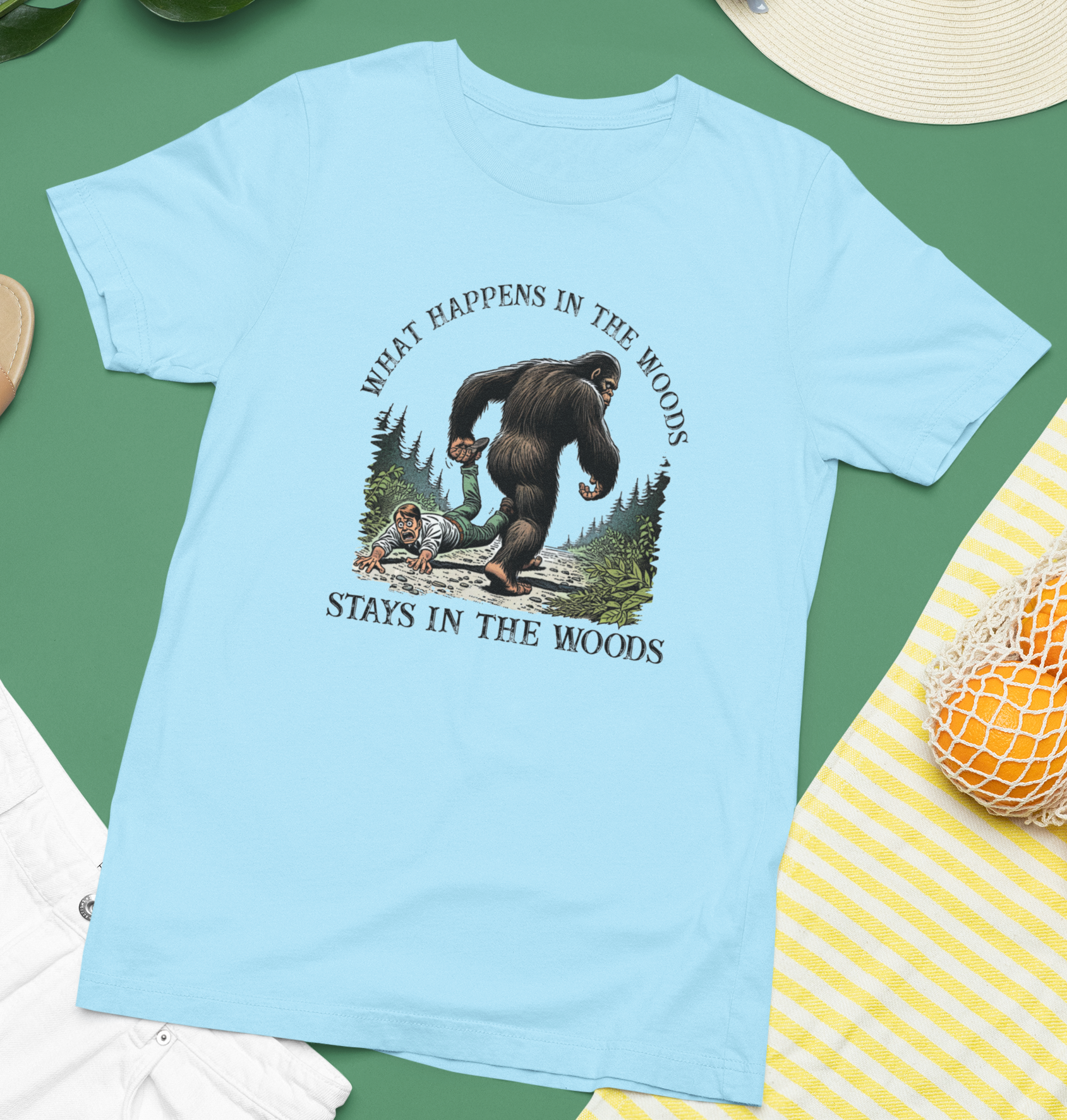 What Happens in the Woods... Bigfoot Tshirt (Light Blue) Hoodie, Sweatshirt | PodTeesHub.com