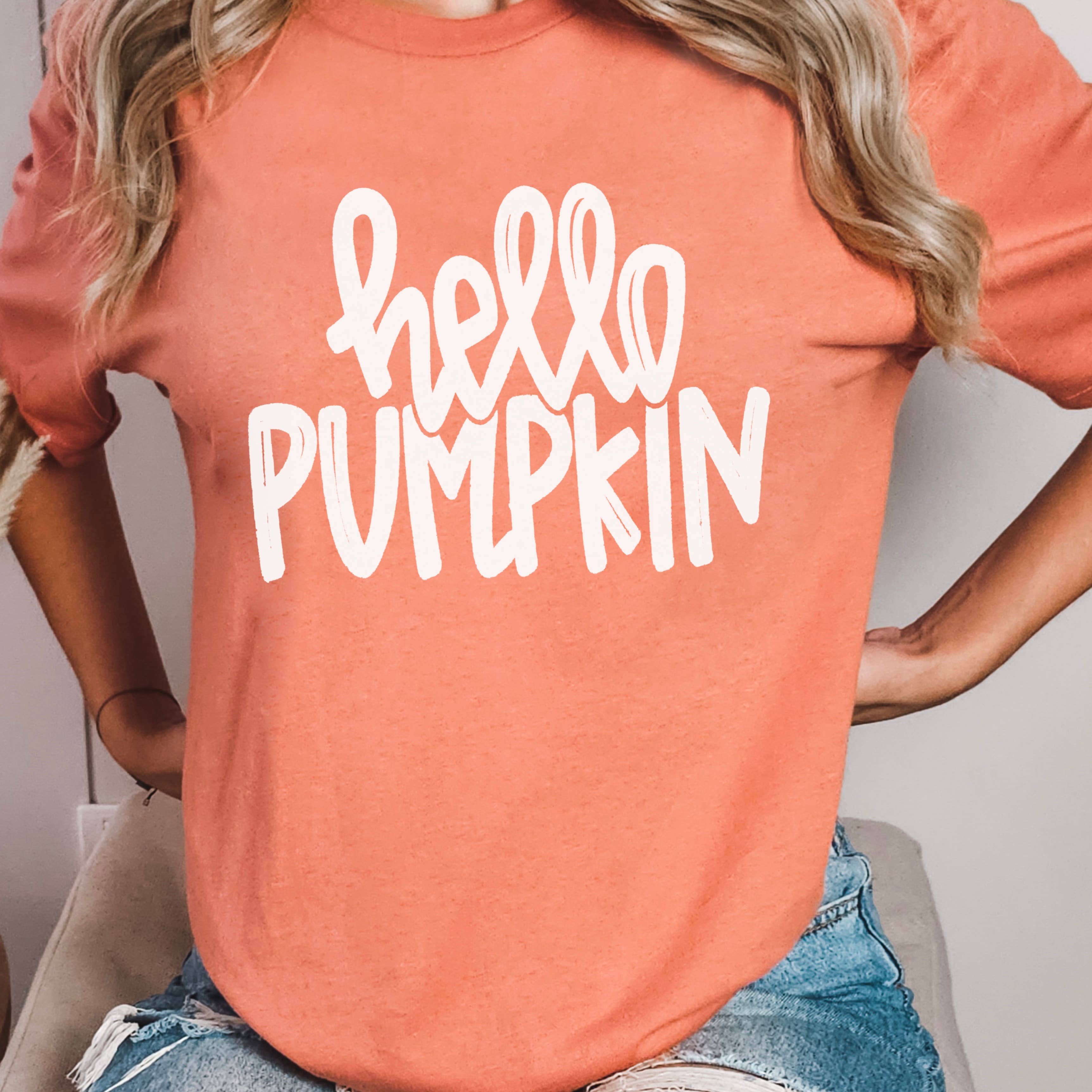 Hello  Pumpkin Fall Graphic Tee  | Bella Canvas Hoodie, Sweatshirt | PodTeesHub.com