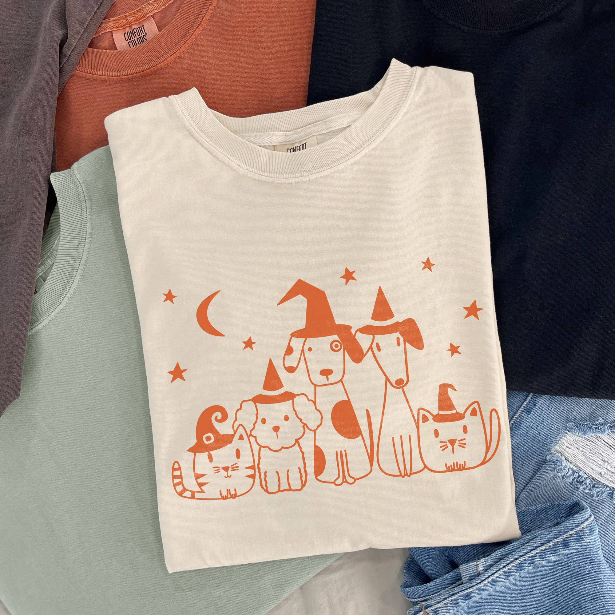 Witchy Pets Halloween Dog & Cat Comfort Colors Tee Hoodie, Sweatshirt | PodTeesHub.com