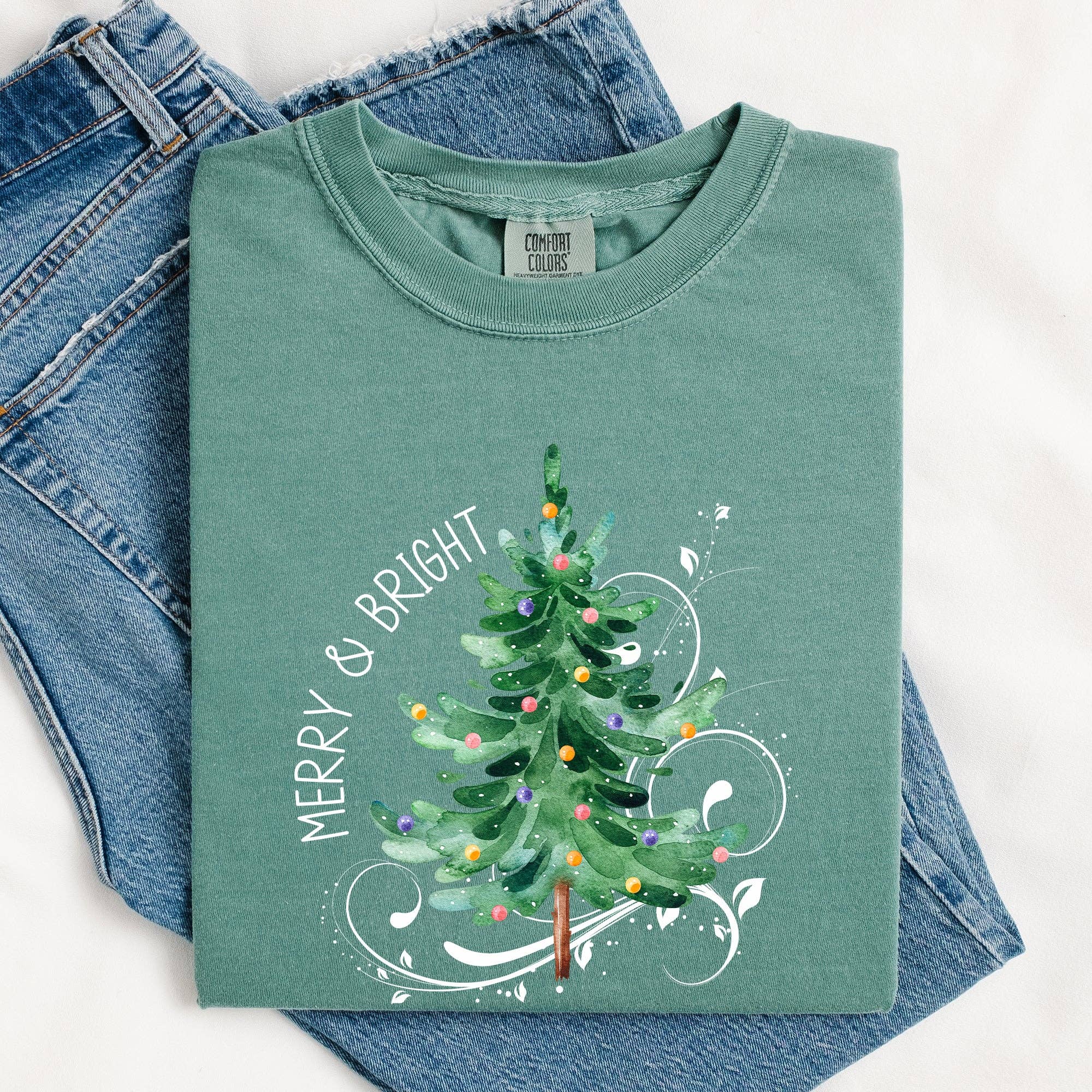 Merry and Bright, Christmas Tree Swirls Xmas Tshirt Hoodie, Sweatshirt | PodTeesHub.com