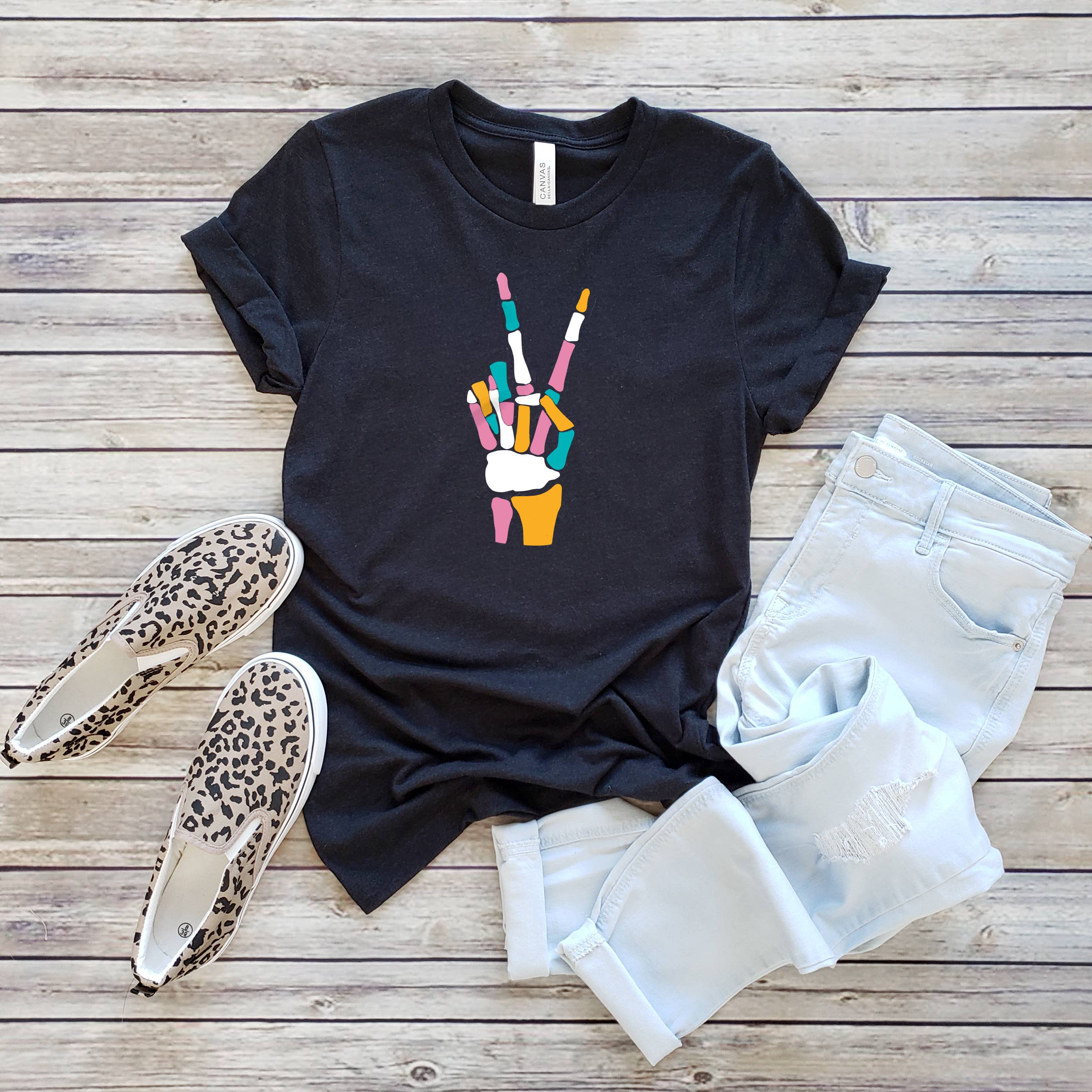 Colorful Skeleton Peace Sign Tee | Halloween | Sizes XS-2XL Hoodie, Sweatshirt | PodTeesHub.com