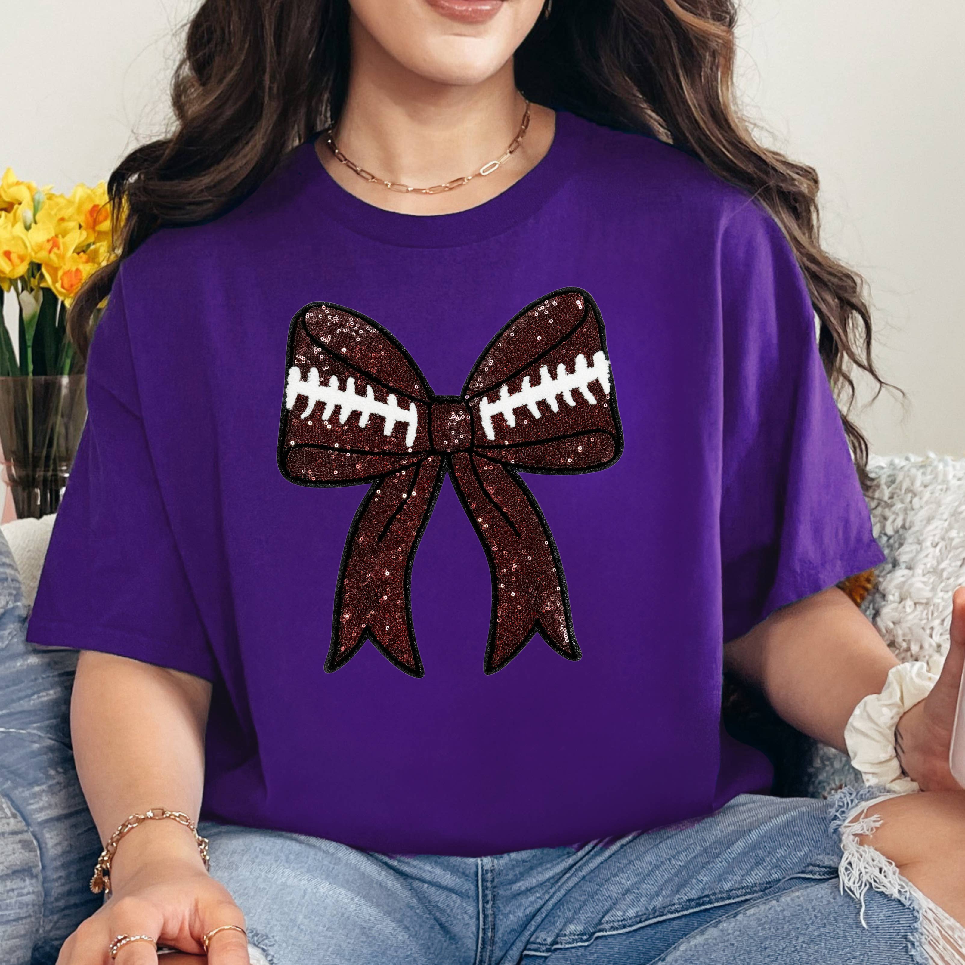 Sequins Football Bow Patch Purple Everyday Tee Hoodie, Sweatshirt | PodTeesHub.com