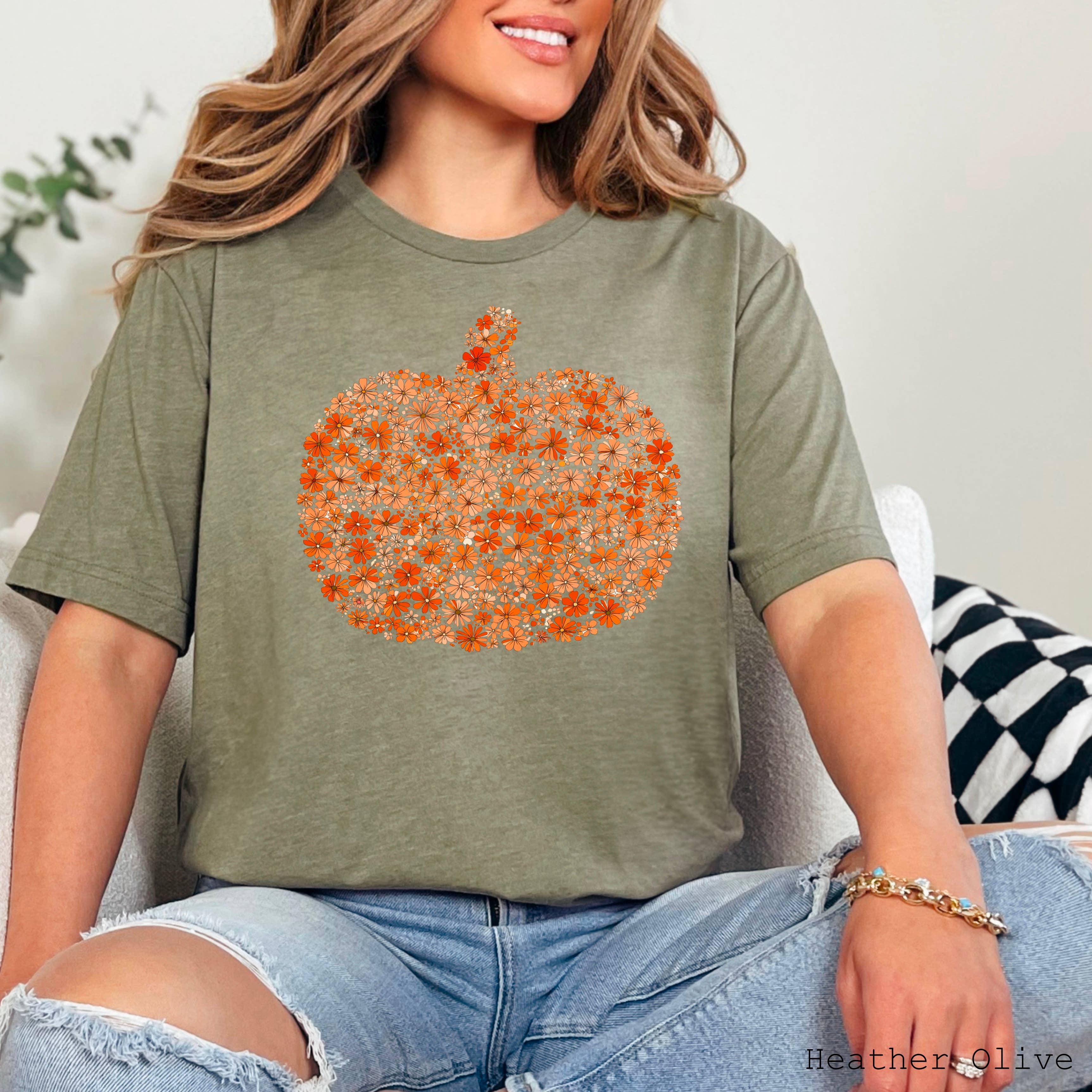 Fall Floral Pumpkin Fall Graphic Tee  | Bella Canvas Hoodie, Sweatshirt | PodTeesHub.com