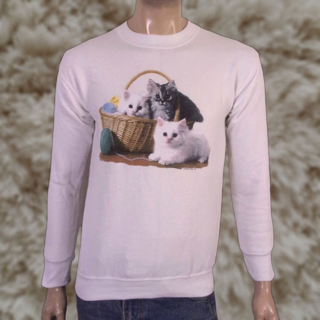 Fruit Of The Loom Vintage 90s Fruit Of The Loom Sweatshirt Cats Kittens Graphic Print Crew Neck Long T-Shirts, Hoodie