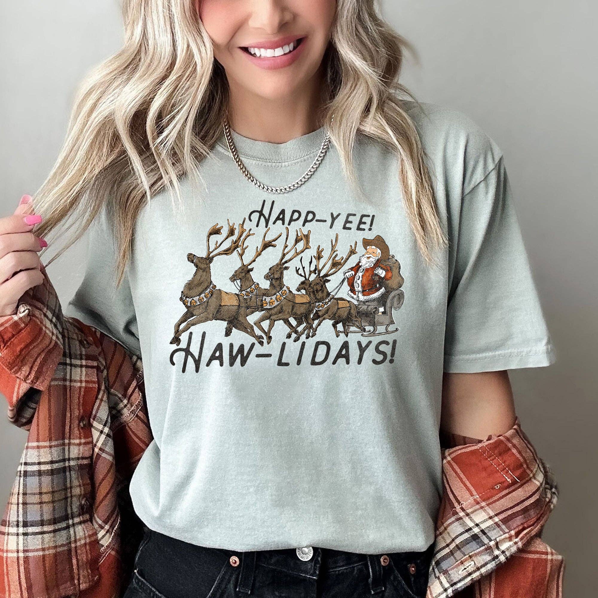 Happy Holidays, Yee Haw, Santa Cowboy, Reindeer,, Tshirt Hoodie, Sweatshirt | PodTeesHub.com