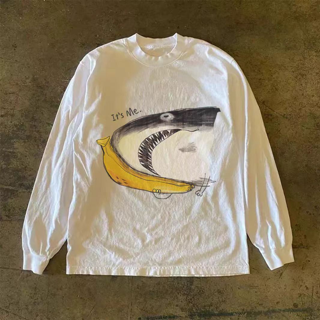 Vintage White Casual Retro Shark Print Long Sleeved T Shirt Hoodie, Sweatshirt | PodTeesHub.com