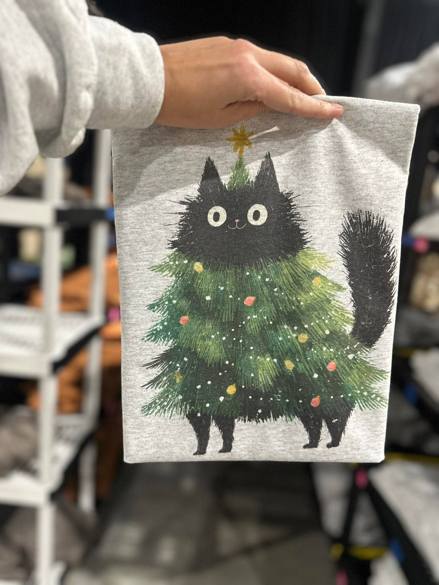 Black Cat Christmas Tree On Ash Gray Tee Hoodie, Sweatshirt | PodTeesHub.com