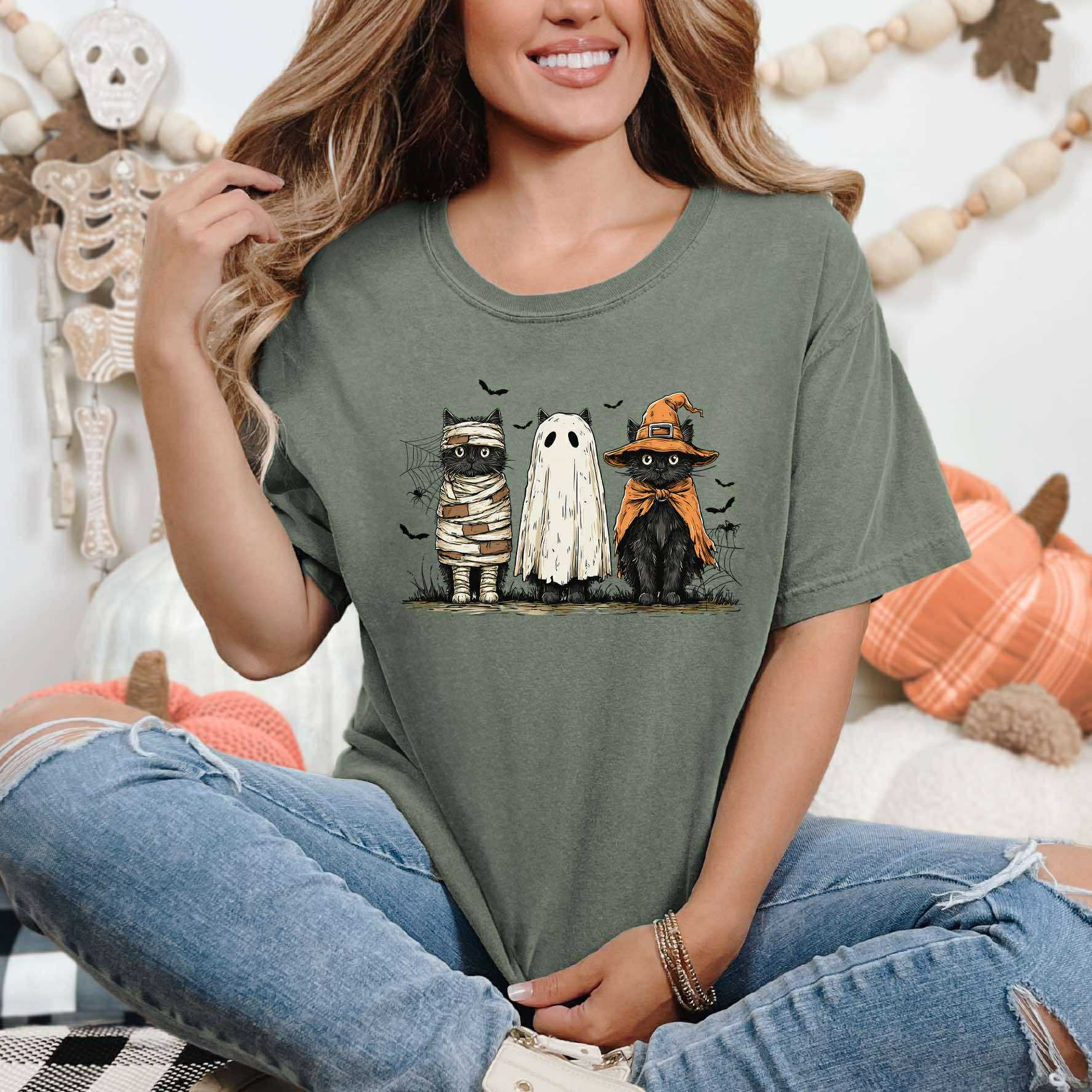Black Cat Halloween Trio Tee Hoodie, Sweatshirt | PodTeesHub.com