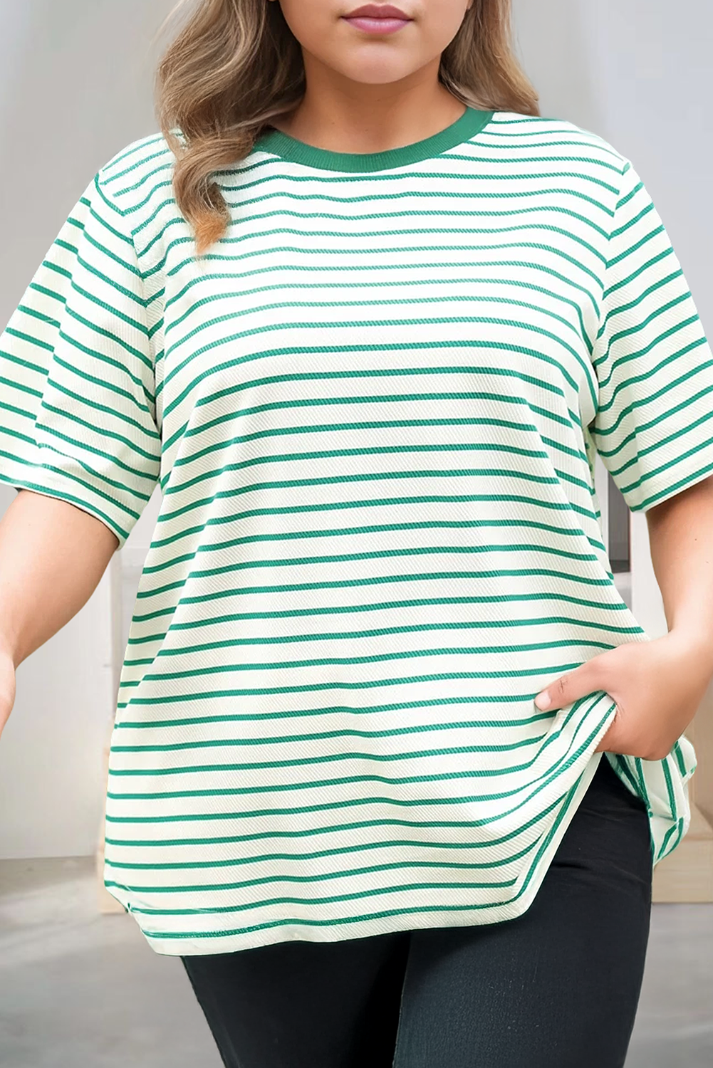 Plus Size Stripe Round Neck Short Sleeve T Shirt Hoodie, Sweatshirt | PodTeesHub.com