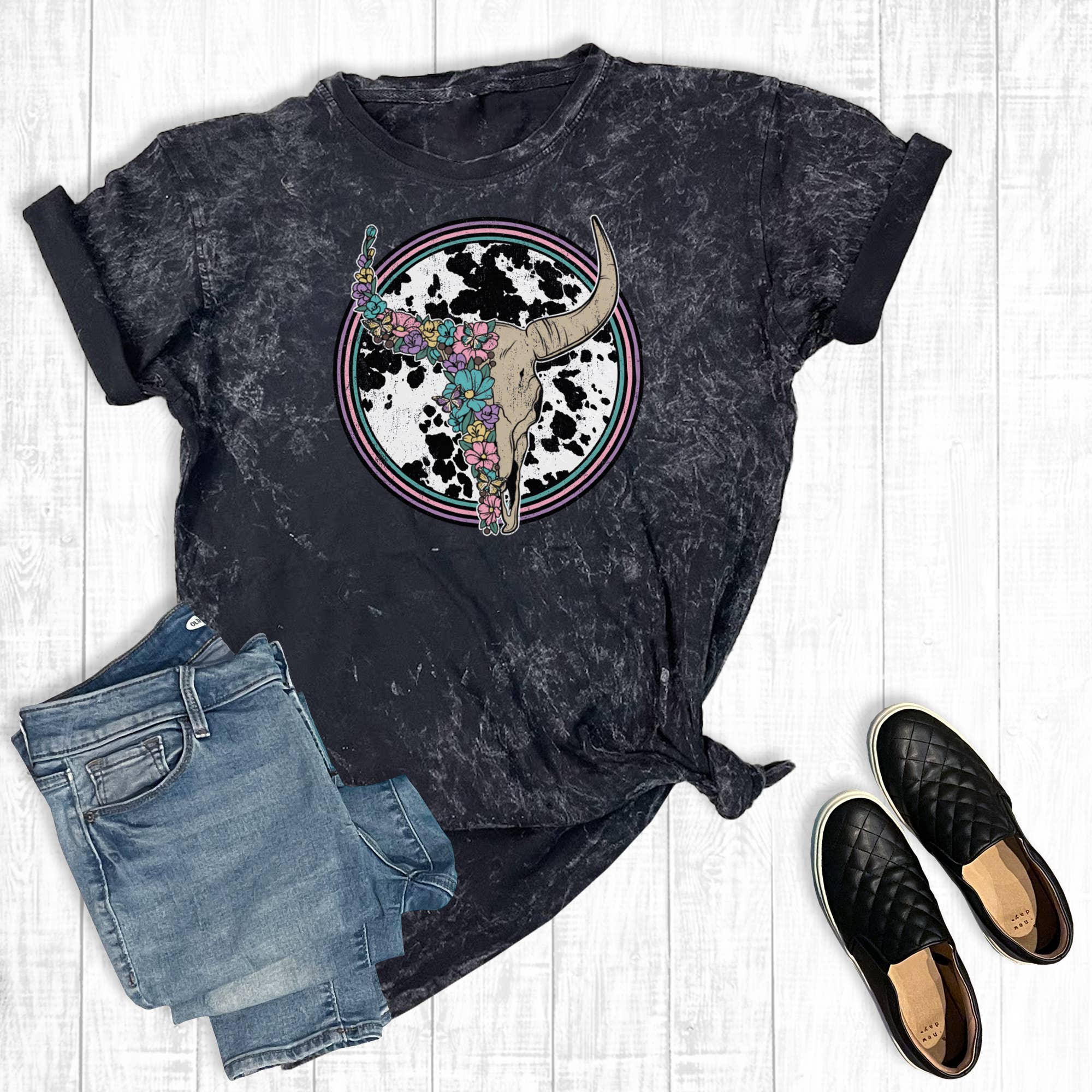 Western Cow Print Floral Cowskull Mineral Wash Graphic Tee Hoodie, Sweatshirt | PodTeesHub.com