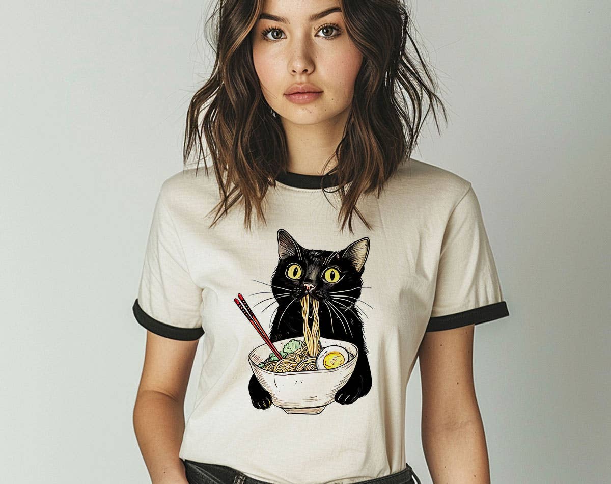 Cat Eating Ramen - Cute Funny Cat Tea Ringer Shirt Hoodie, Sweatshirt | PodTeesHub.com
