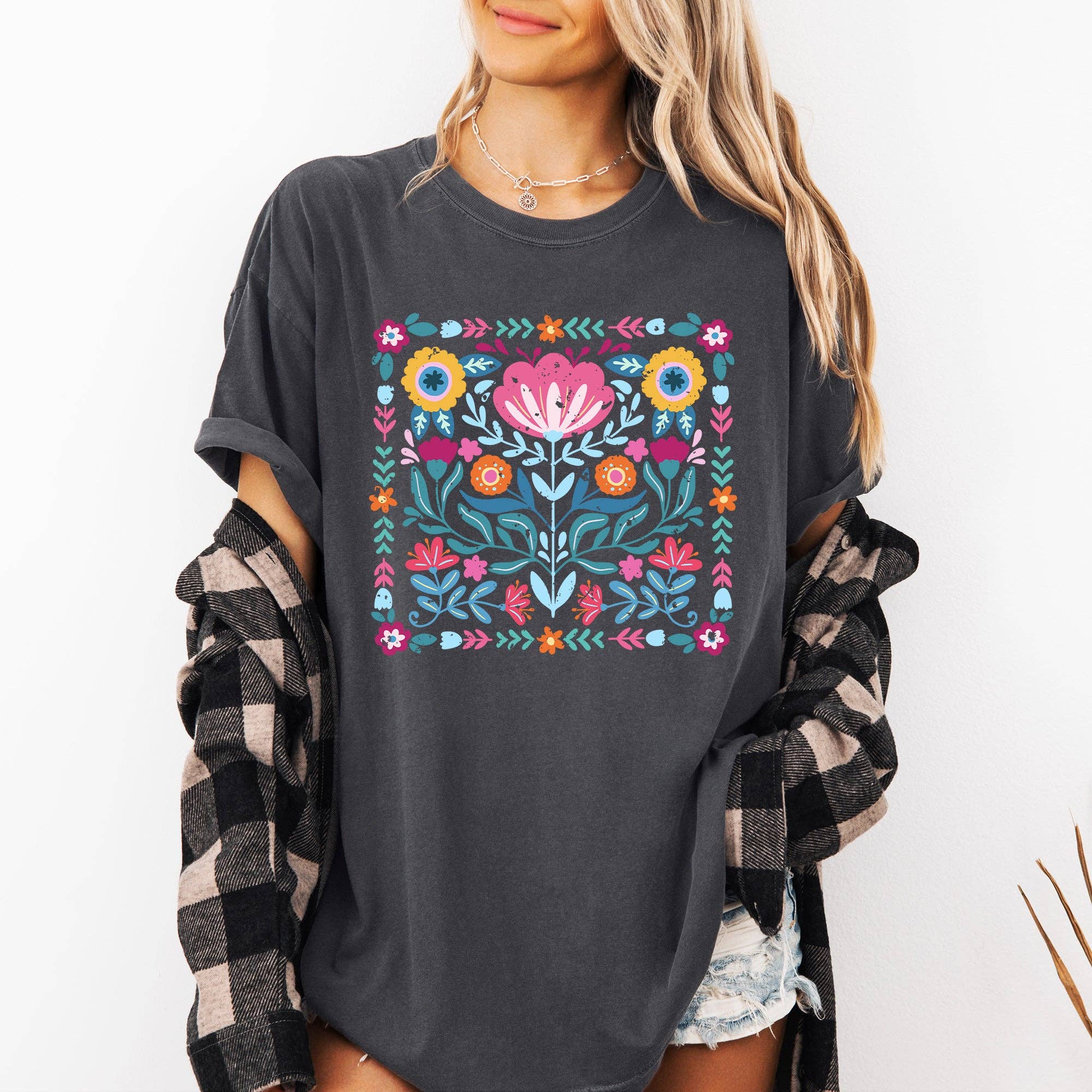 Folk Art Flowers, Summer Floral Retro Comfort Colors T-Shirt Hoodie, Sweatshirt | PodTeesHub.com