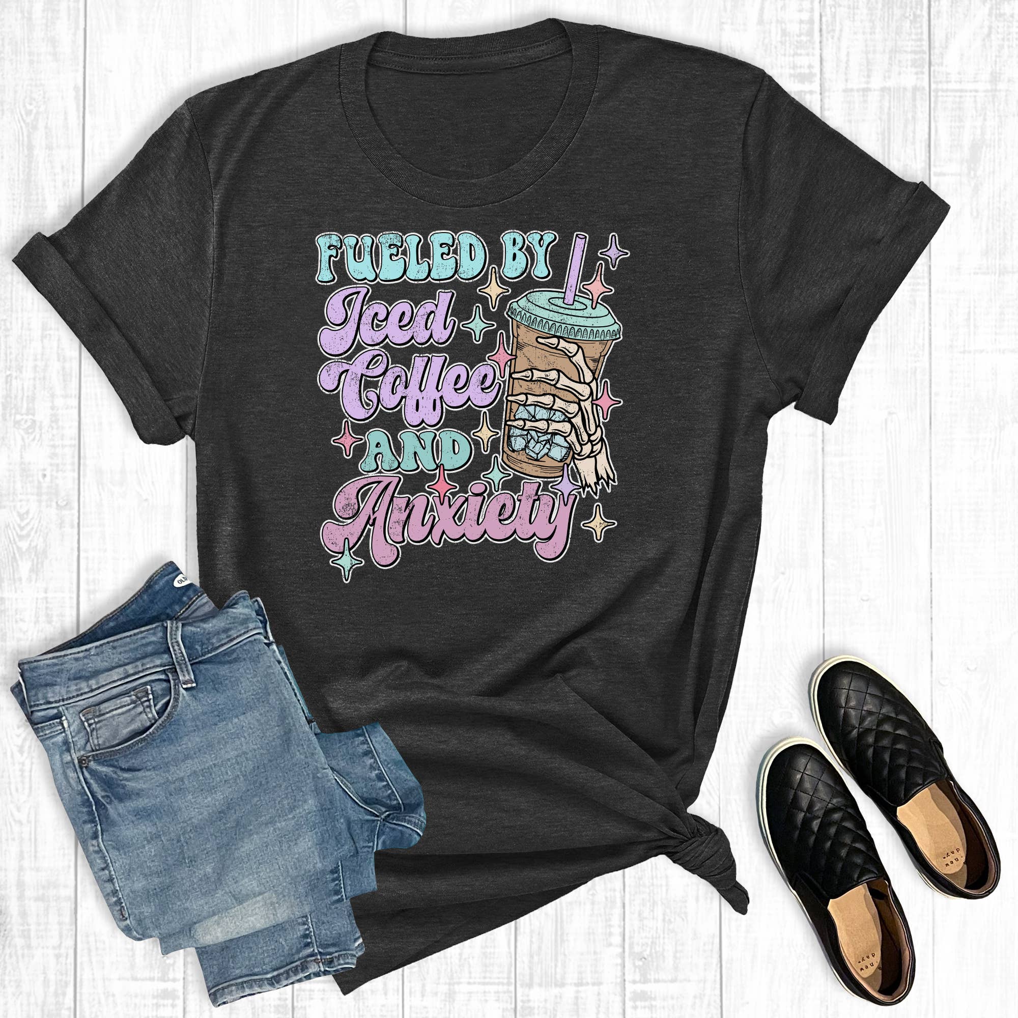 Fueled By Iced Coffee and Anxiety Graphic Tee Hoodie, Sweatshirt | PodTeesHub.com