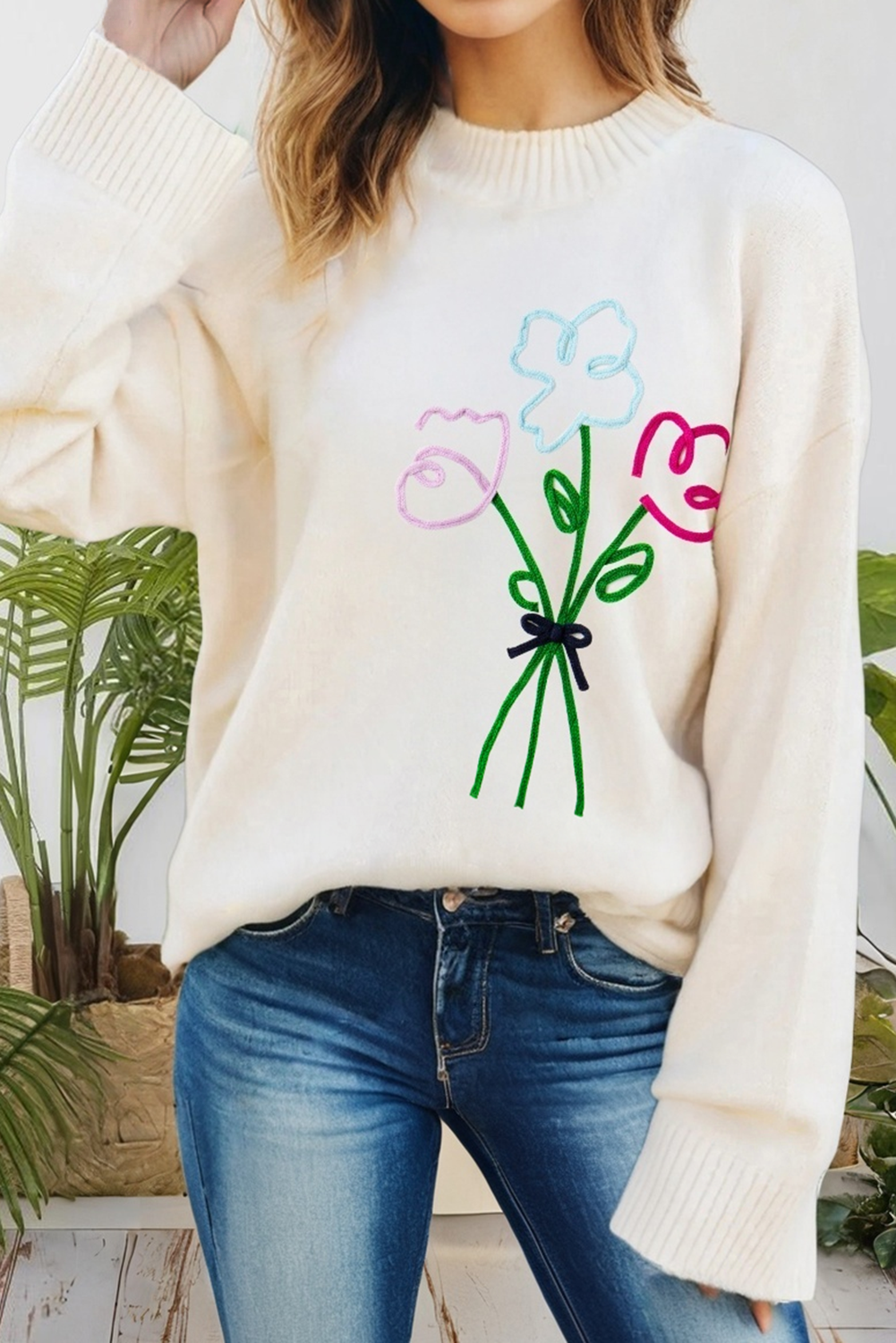 Embroidered Floral Bouquet Ribbed Trim Loose Sweater T-Shirts, Hoodie, Sweatshirt | PodTeesHub.com
