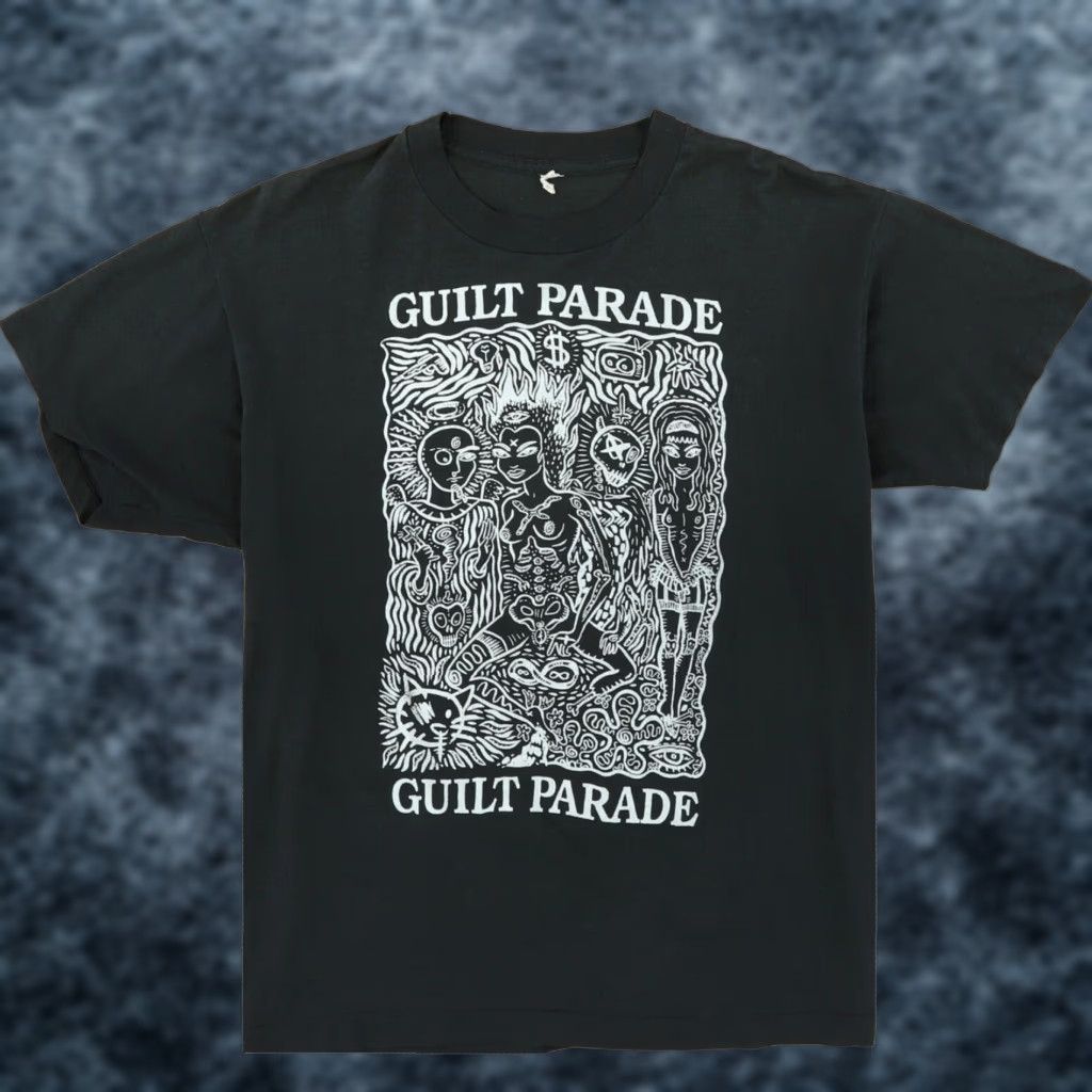 Vintage Guilt Parade T Shirt Punk Band Tee 80s 90s Black Cotton Size L Men Short Sleeve Crew Hoodie, Sweatshirt