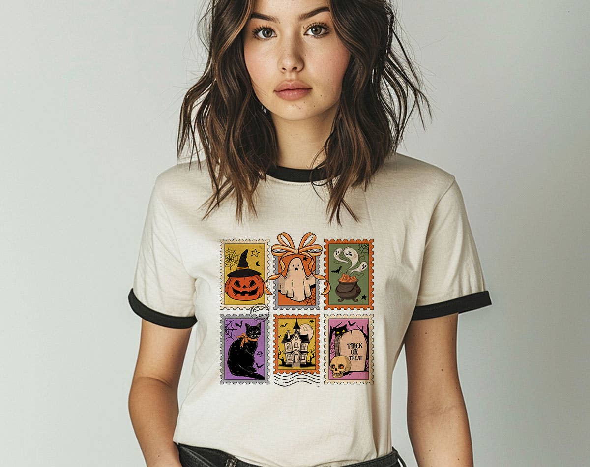 Halloween Stamps Retro Pumpkin - Halloween Ringer Shirt Hoodie, Sweatshirt | PodTeesHub.com