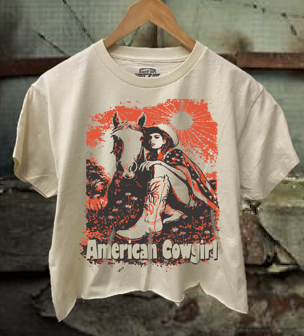 American Cowgirl Relaxed Crop Tee Hoodie, Sweatshirt | PodTeesHub.com