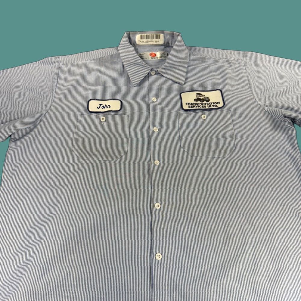 Vintage Mechanic Work Shirt Men 2xl Blue White Stripe Truck Western Patches Hoodie, Sweatshirt | PodTeesHub.com