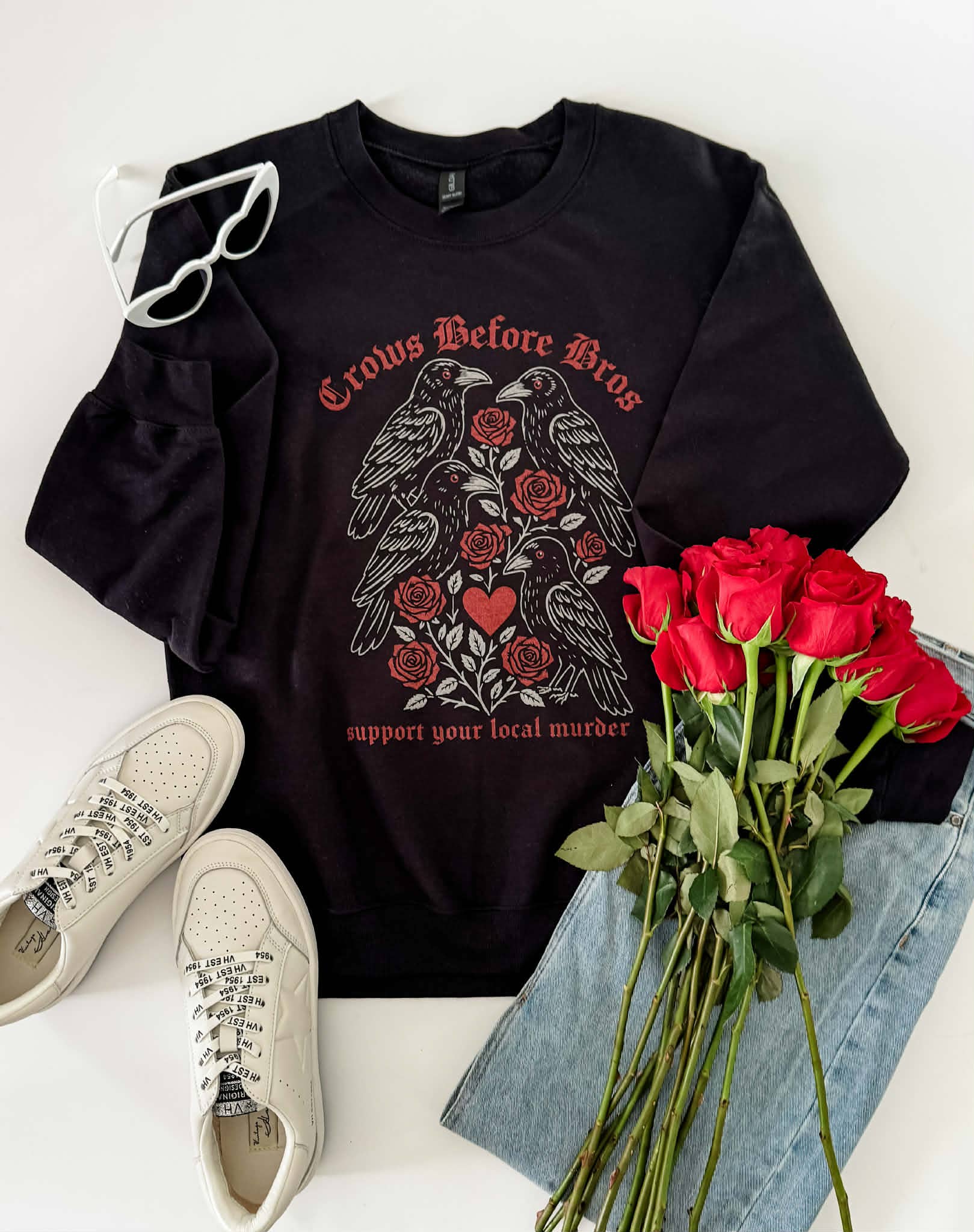 Crows Before Bros Crewneck Sweatshirt, Valentine's Day T-Shirts, Hoodie | PodTeesHub.com
