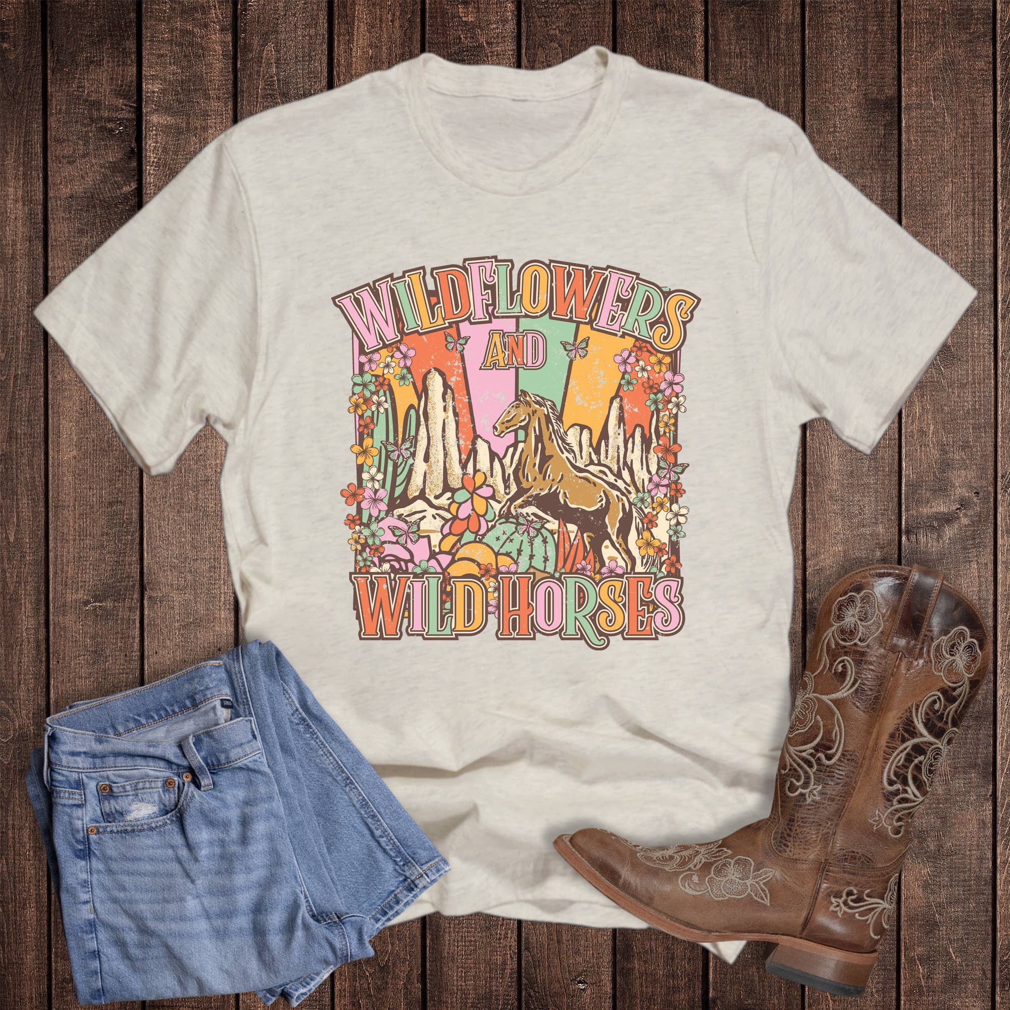 Western Wildflowers and Wild Horses Graphic Tee Hoodie, Sweatshirt | PodTeesHub.com
