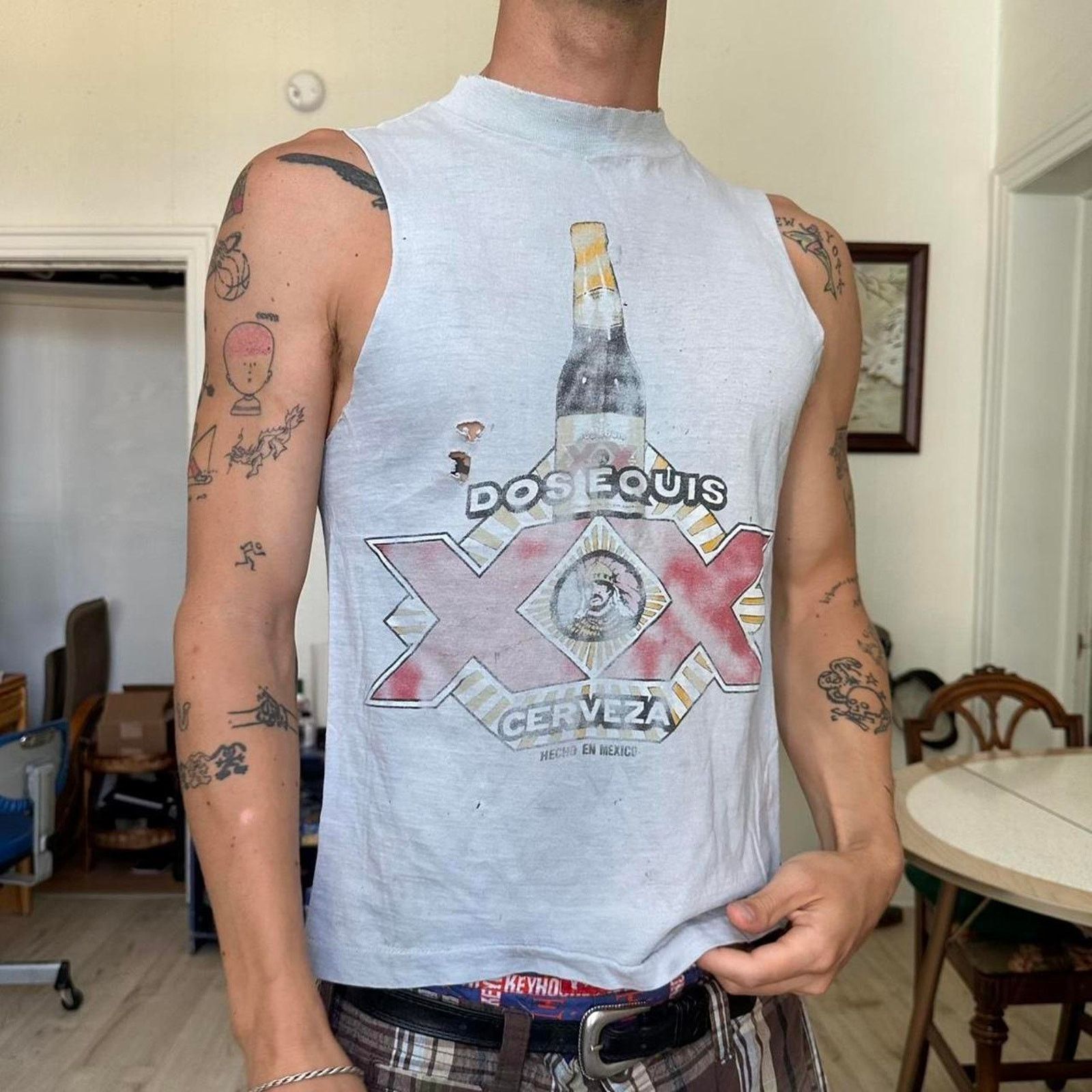 Rare Vintage 70s Thrashed Dos Equis Cut Off Graphic Tee Hoodie, Sweatshirt | PodTeesHub.com