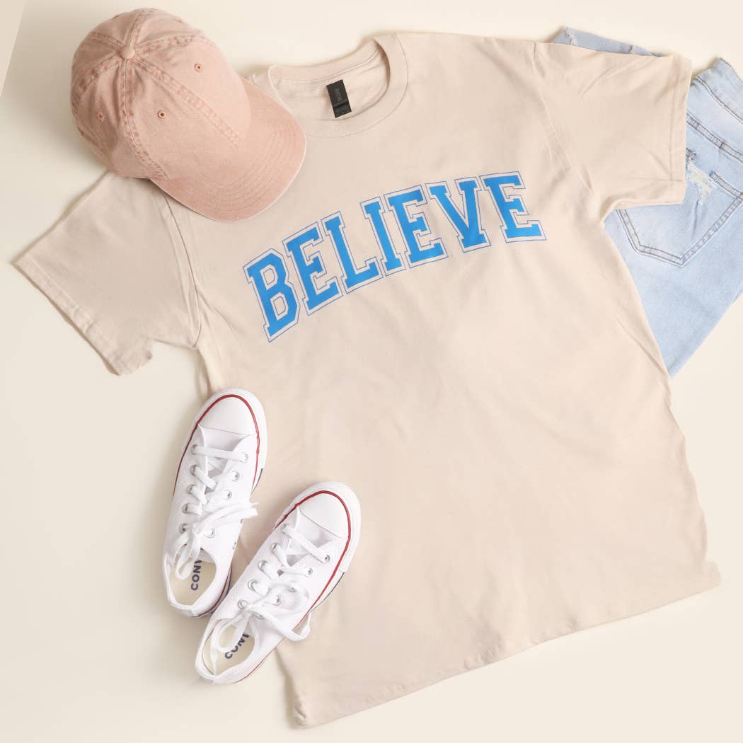 Believe Varsity-Style Heavy Cotton Graphic T-Shirt Hoodie, Sweatshirt | PodTeesHub.com