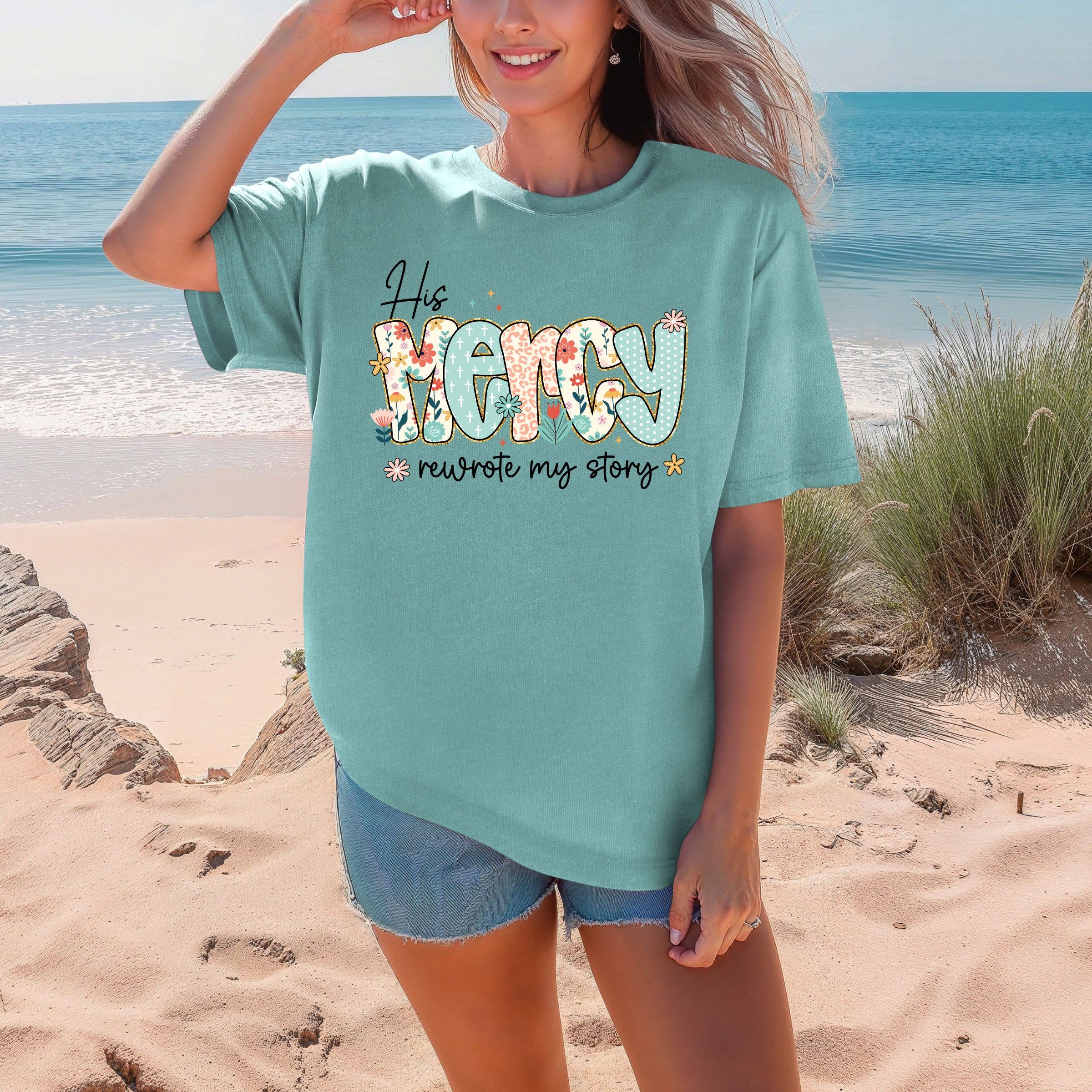 His Mercy Rewrote My Story Floral Spring Graphic Tee Hoodie, Sweatshirt | PodTeesHub.com