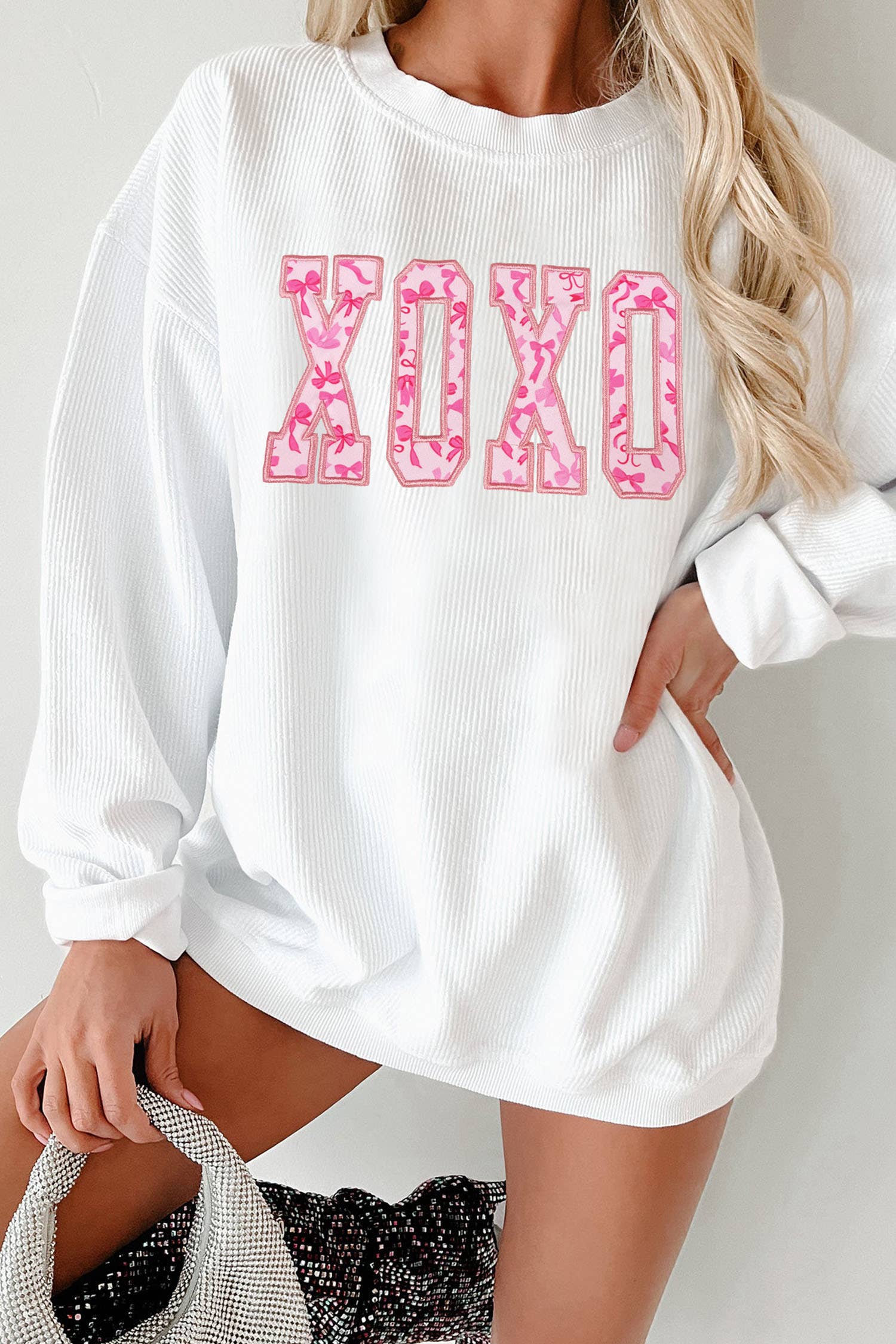 Xoxo Bow Print Embroidered Patch Graphic Sweatshirt (S-3XL) T-Shirts, Hoodie | PodTeesHub.com