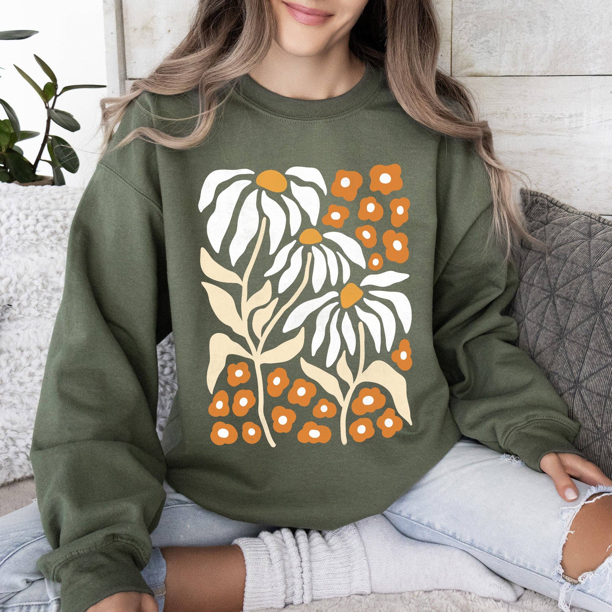 Boho Daisies, Boho Retro Floral Design Sweatshirt T-Shirts, Hoodie | PodTeesHub.com