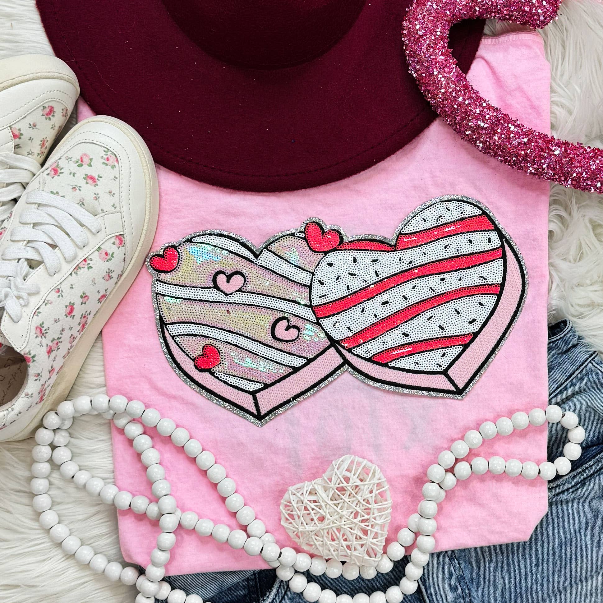 Sequin Double Heart Snack Cakes Patch Blossom Tee Hoodie, Sweatshirt | PodTeesHub.com