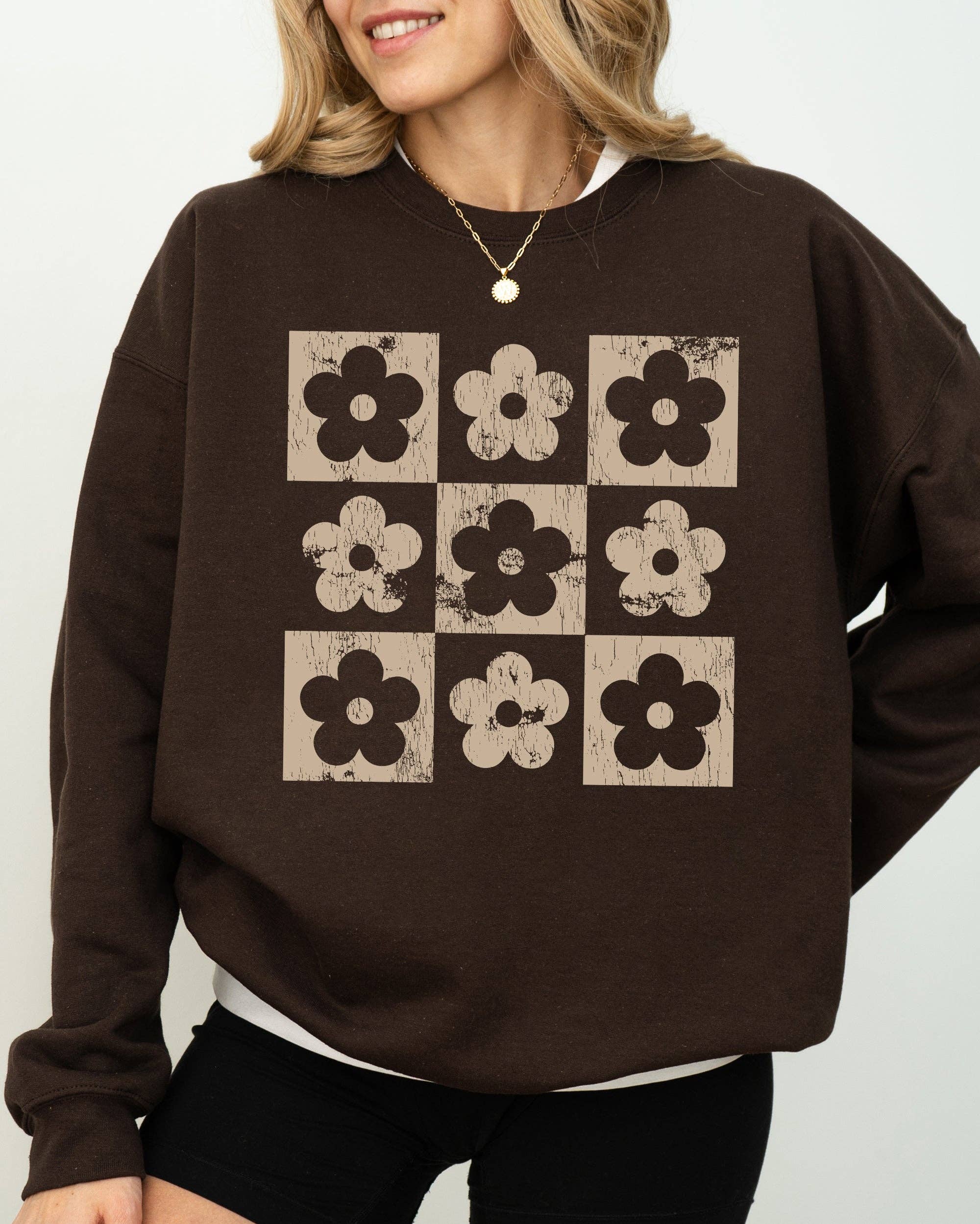 Retro Checkered Flowers, Minimalist, Vintage Sweatshirt T-Shirts, Hoodie | PodTeesHub.com