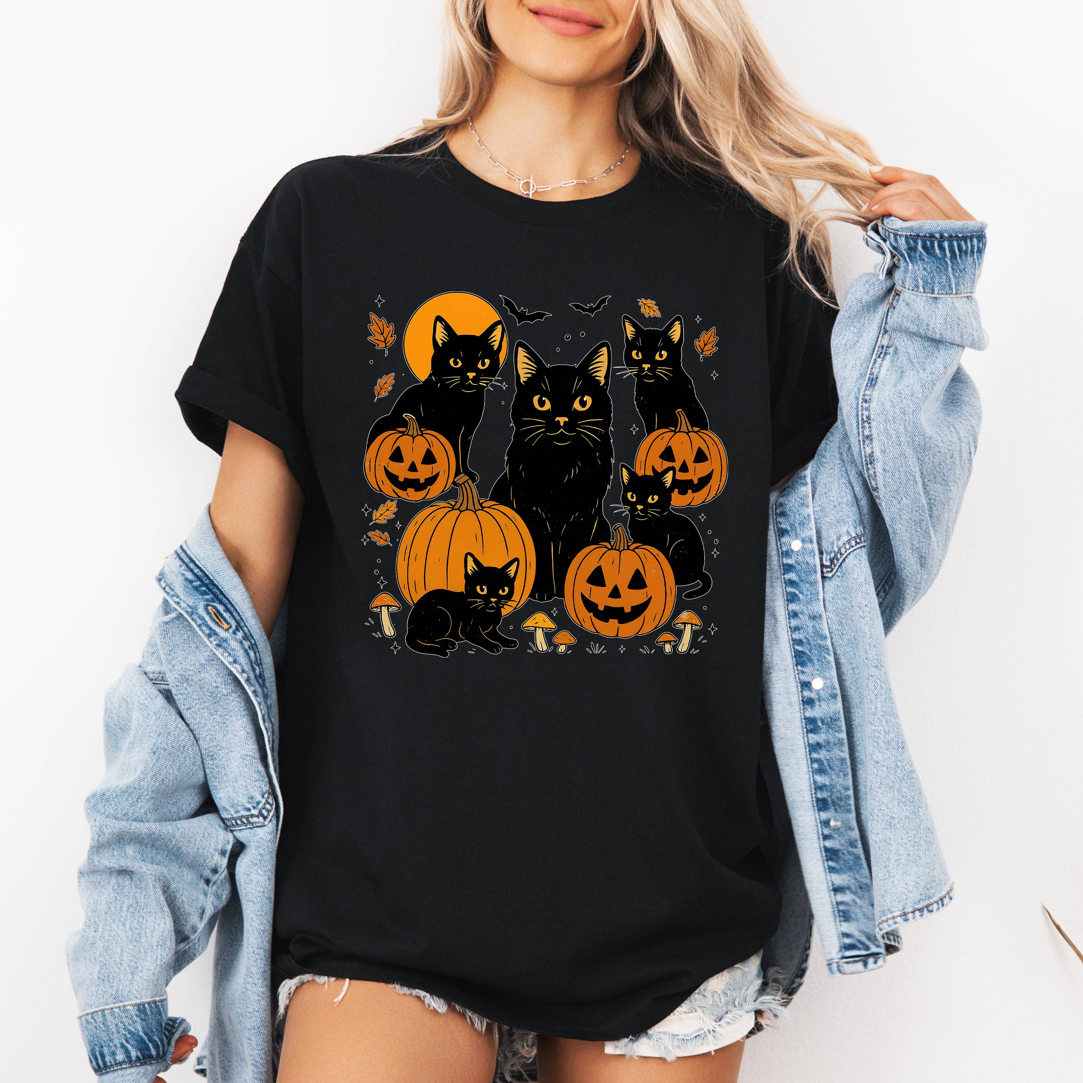 Retro Black Cats, Pumpkins, Halloween, Spooky, Tshirt Hoodie, Sweatshirt | PodTeesHub.com
