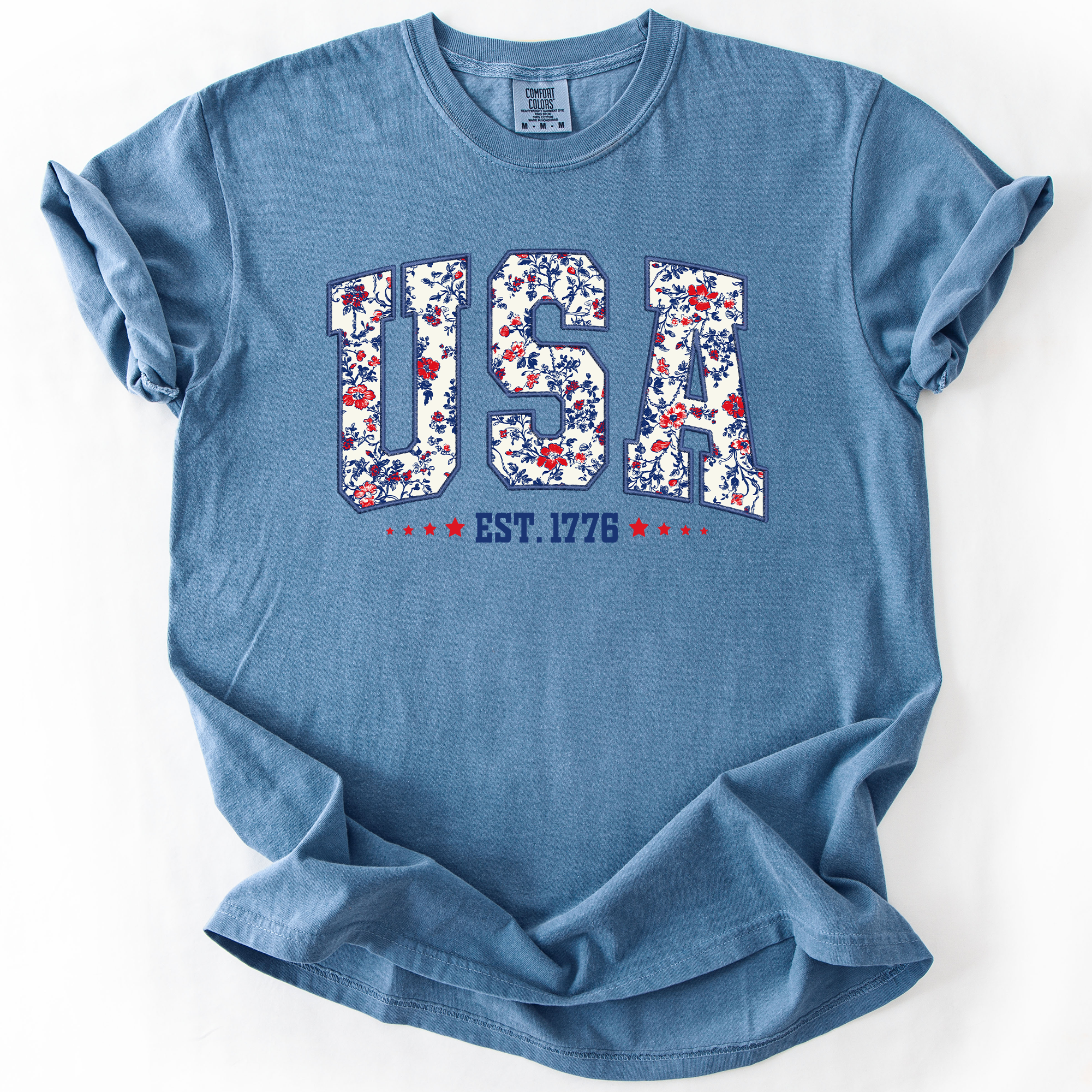 USA, Floral Pattern, Est 1776, Patriotic America T-Shirt Hoodie, Sweatshirt | PodTeesHub.com