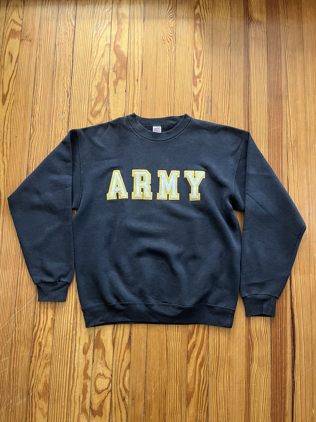 Vintage 80s Army Sweatshirt Faded Thrashed Black Yellow T-Shirts, Hoodie | PodTeesHub.com