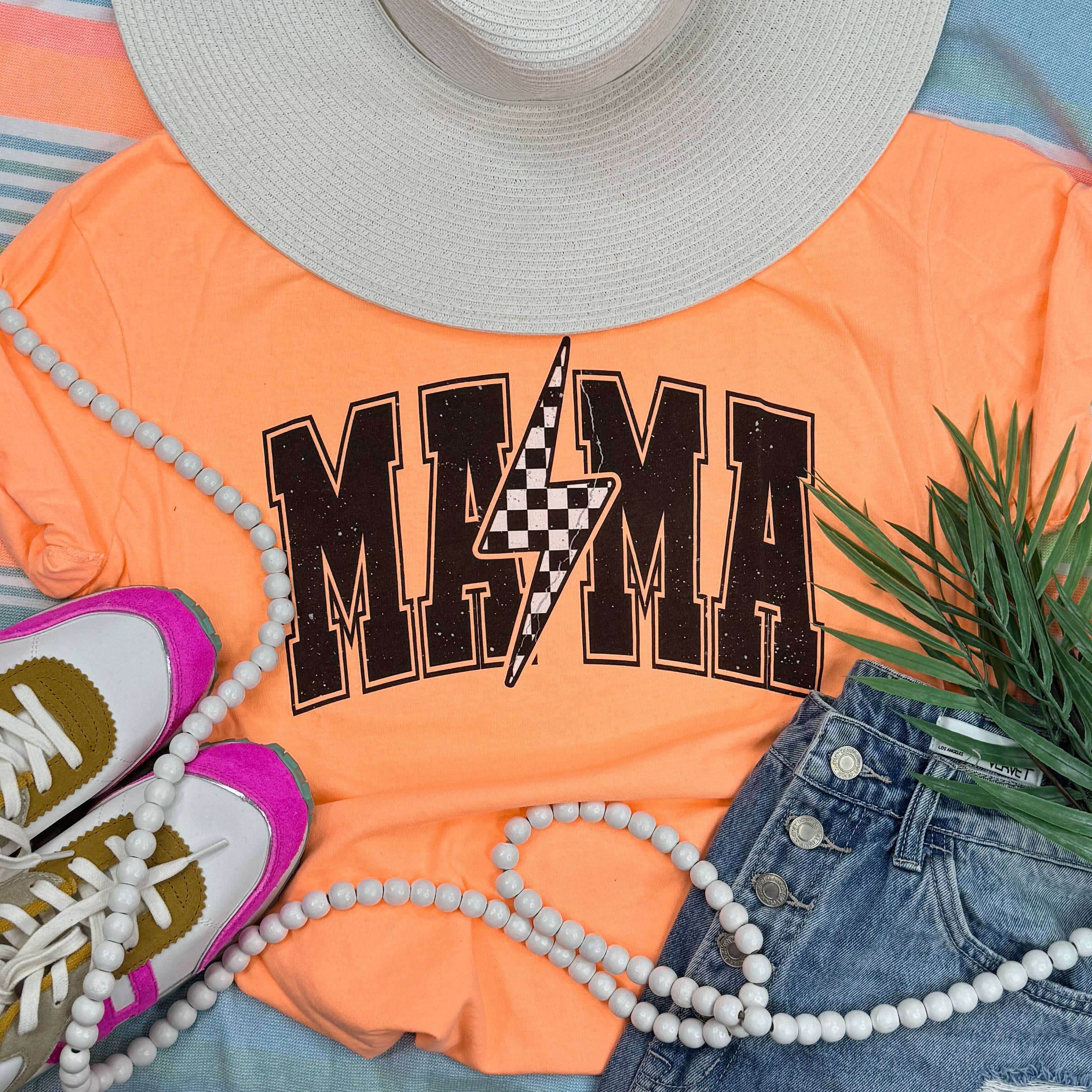 Mama Checkered Bolt Pigment Dyed Tee Hoodie, Sweatshirt | PodTeesHub.com