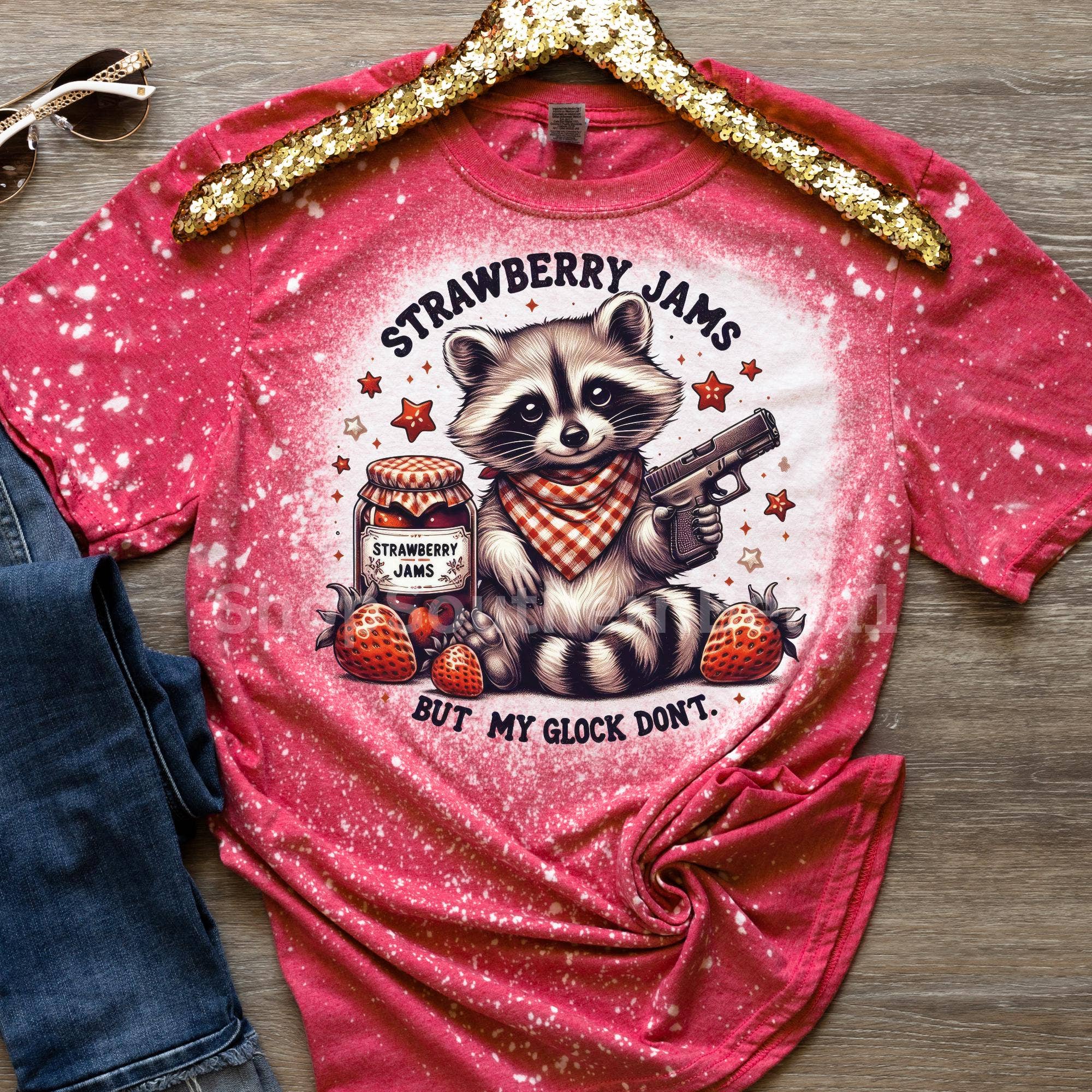 Raccoon Strawberry Jams Bleached T-Shirt - Snarky Tee Hoodie, Sweatshirt | PodTeesHub.com
