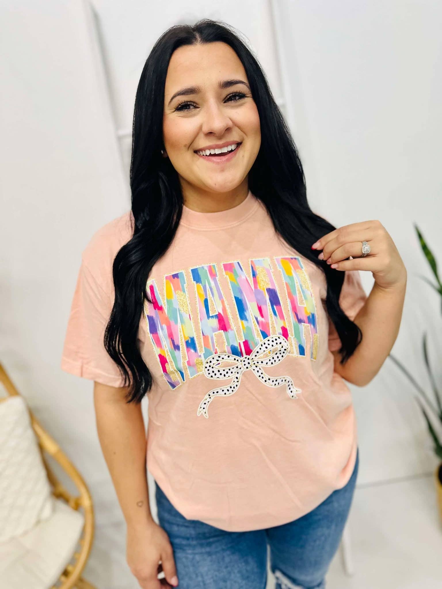 Mama Varsity Bow Paint Brushstroke Dtf Tee Hoodie, Sweatshirt | PodTeesHub.com