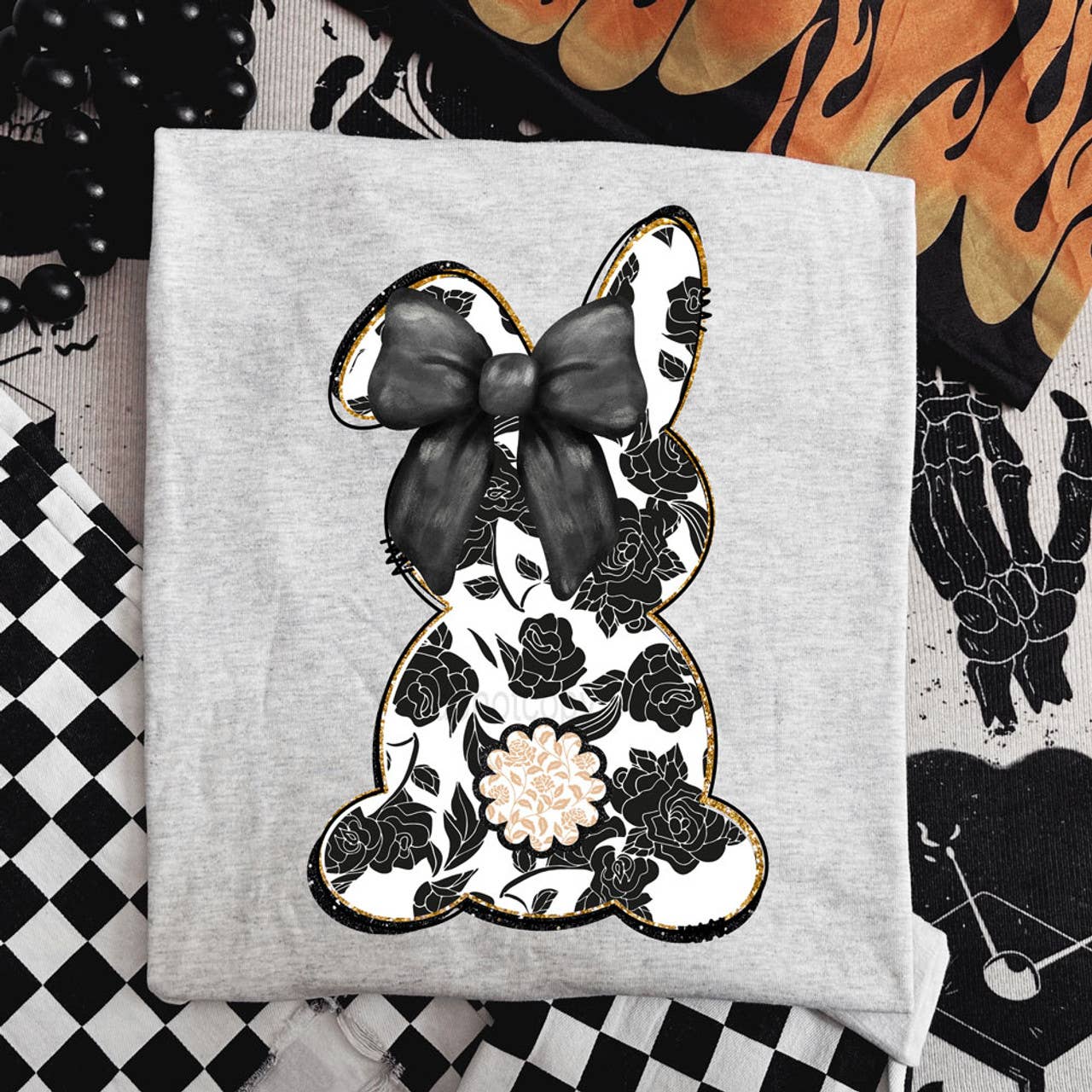 Black/White Floral Bunny Tee Hoodie, Sweatshirt | PodTeesHub.com