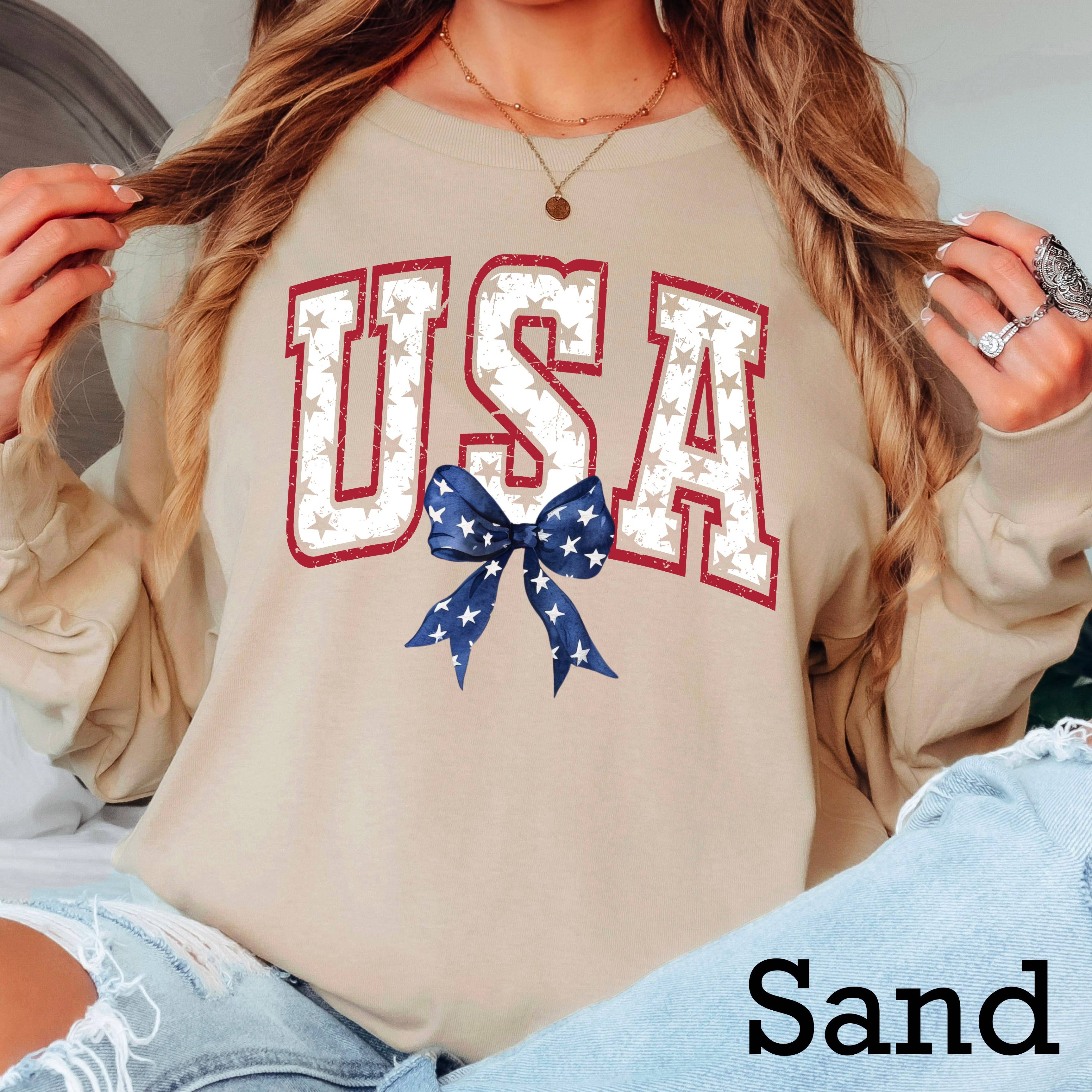 USA Bow and Star July 4th Graphic Shirt | Long Sleeve Gildan Hoodie, Sweatshirt | PodTeesHub.com