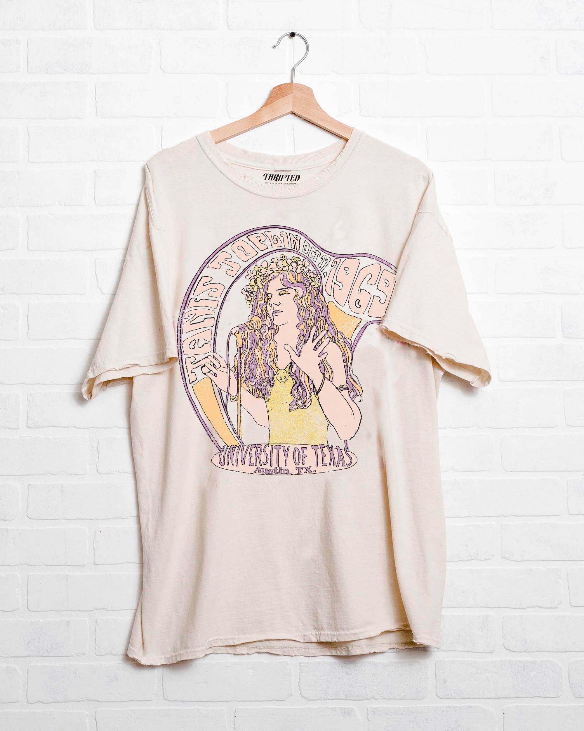 Janis Joplin Ut Longhorns Concert Off White Thrifted Tee Hoodie, Sweatshirt | PodTeesHub.com